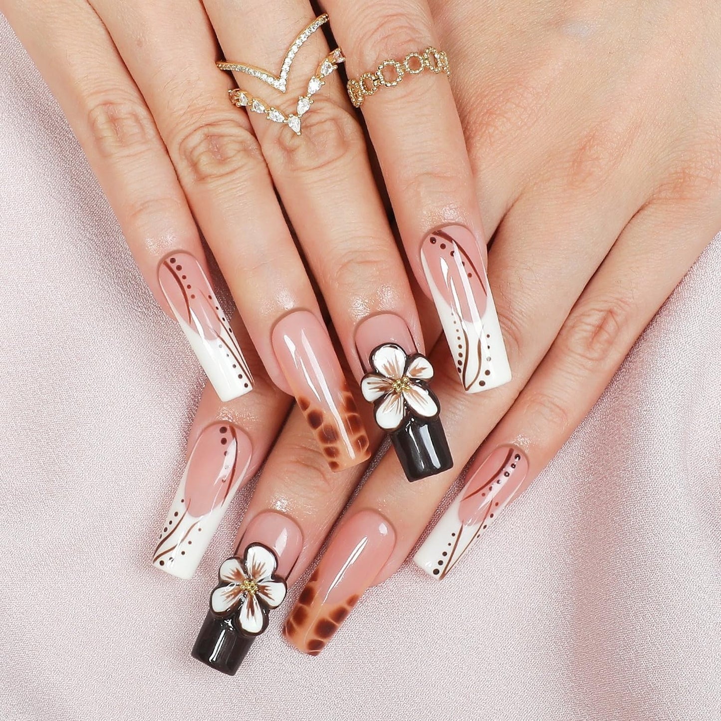 Flower Press on Nails - Long Square Handmade Press on Nails Thick Acrylic and Muti-Layer Gel False Nails 3D Floral Stick on Nails Leopard French Tip Fake Nails for Women DIY Art Decor (S)