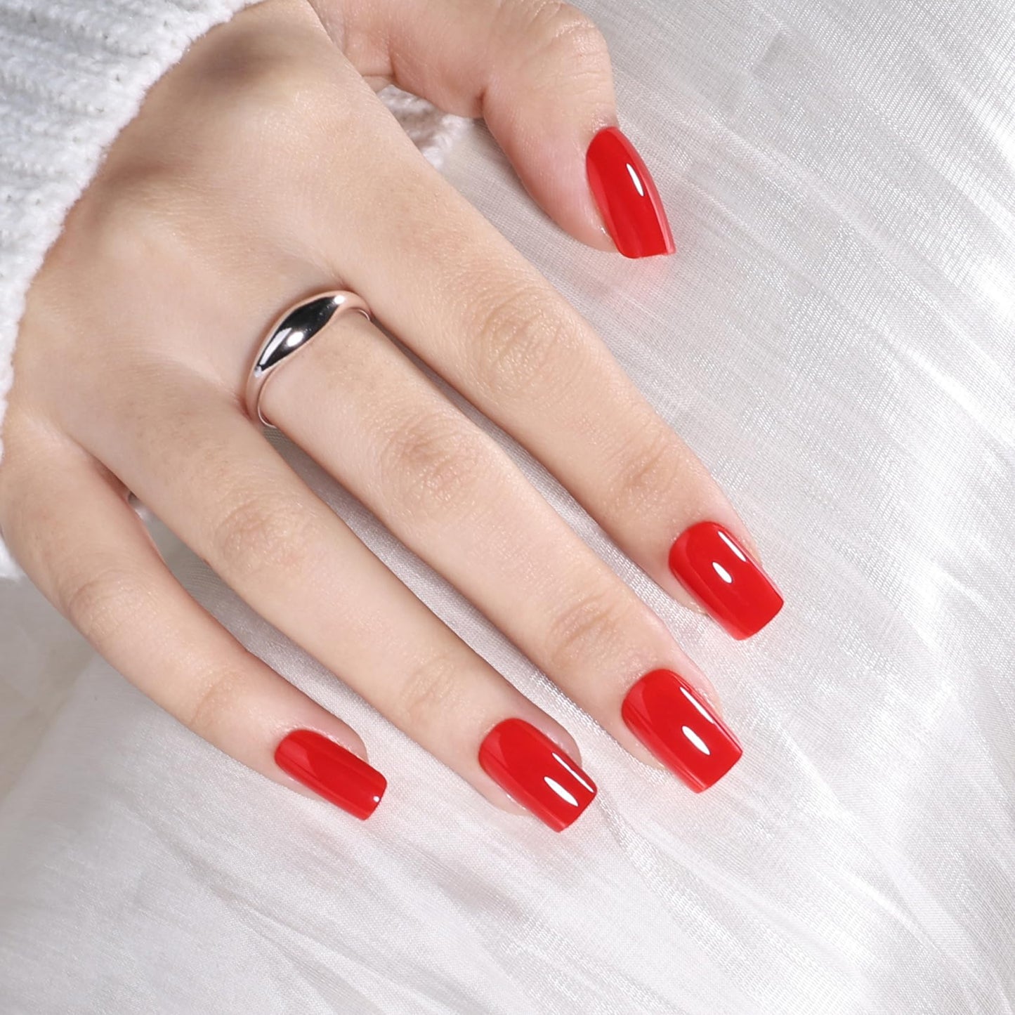 Red Press On Nails Square - Short Square Fake Nails with Nail Glue, Red Press On Nails Opaque Reusable Stick On Nails in 16 Sizes - 32 Nail Kit for Women & Girls | Salon Quality
