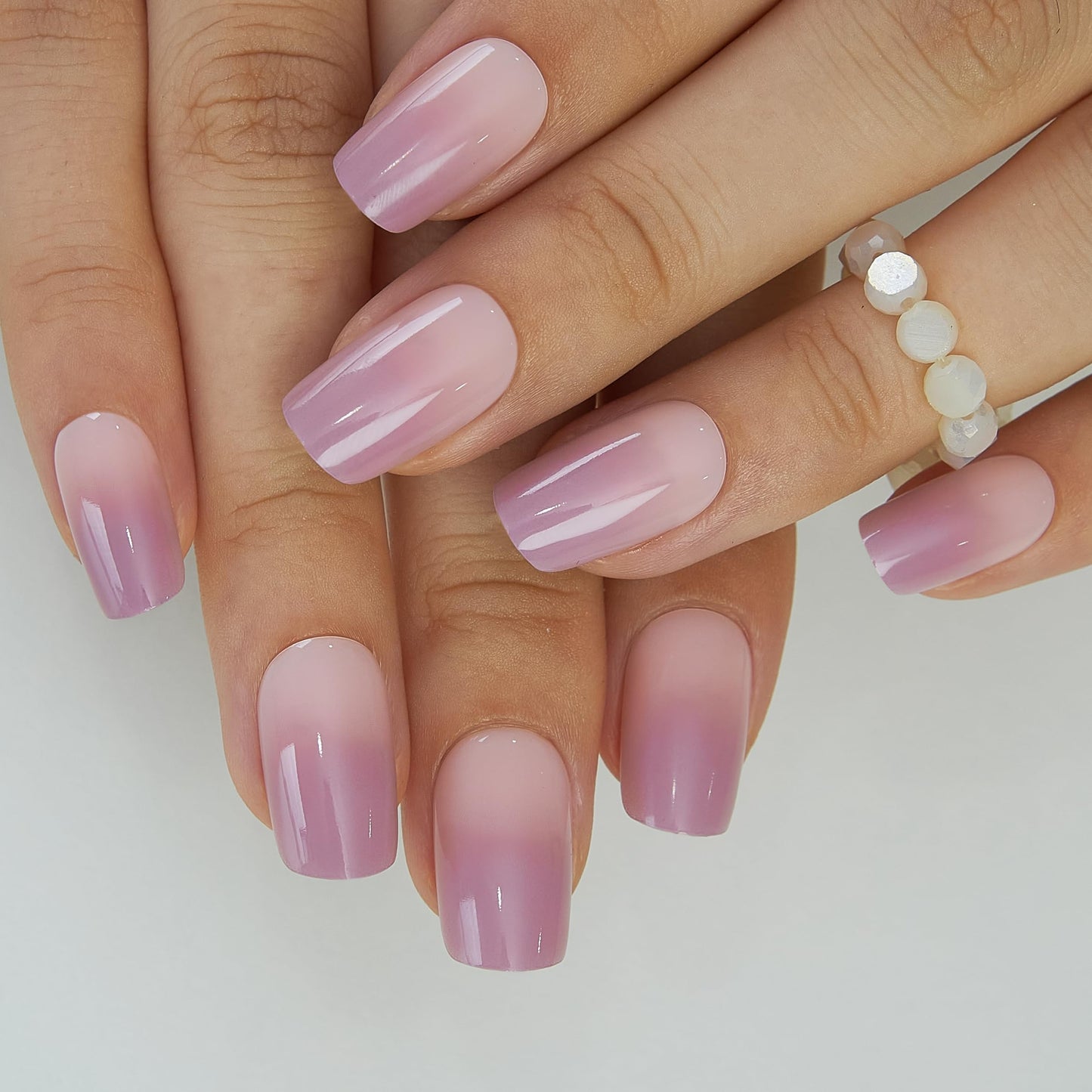 CurvLife Press on Nails Gradient Pink Purple Short Square Acrylic Fake Nails with Apricot Design Full Cover False Nails Glossy Nude Glue on Nails Artificial for Women