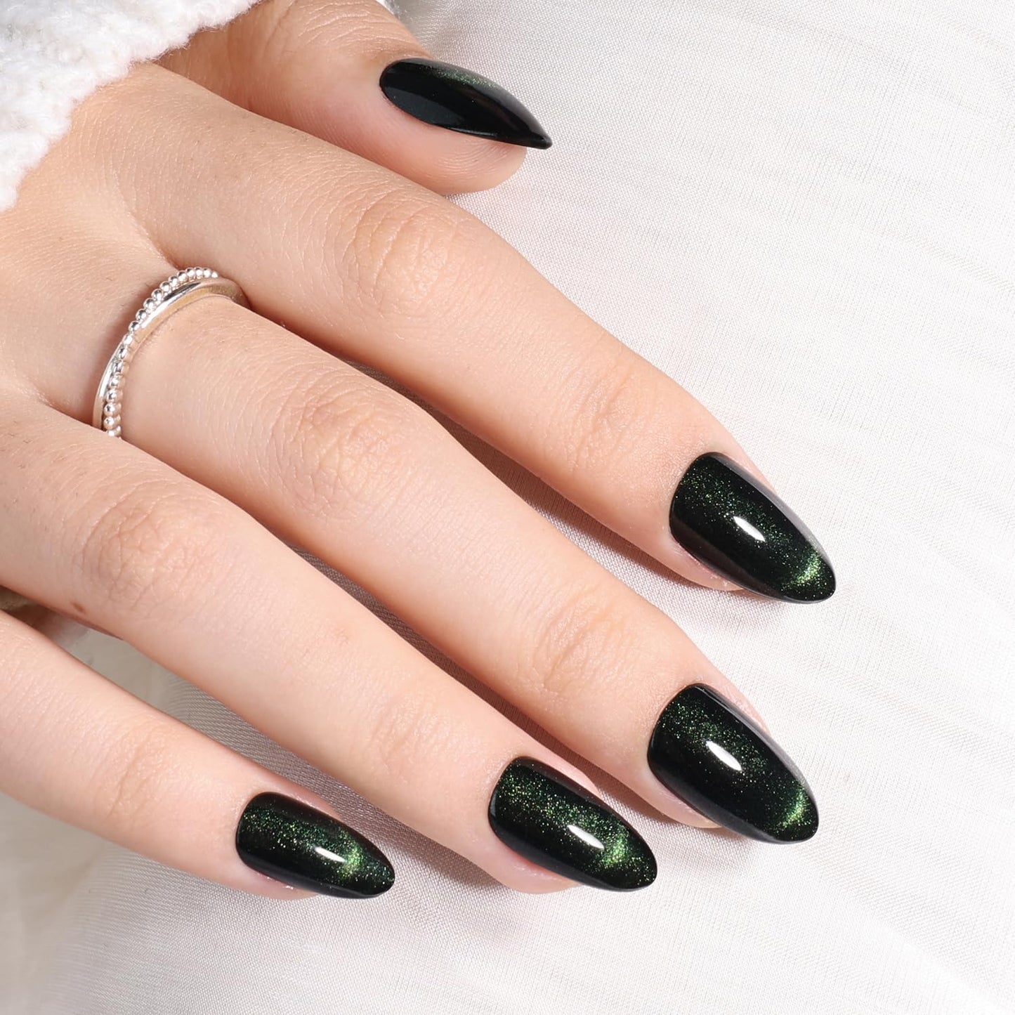 WiniBeauty Cat Eye French Tip Press On Nails Almond - Green Short Almond Fake Nails, Dark Green Cateye Press On Nails Reusable Stick On Nails in 16 Sizes 32pcs False Nail Kit for Women(Luminous Dark)
