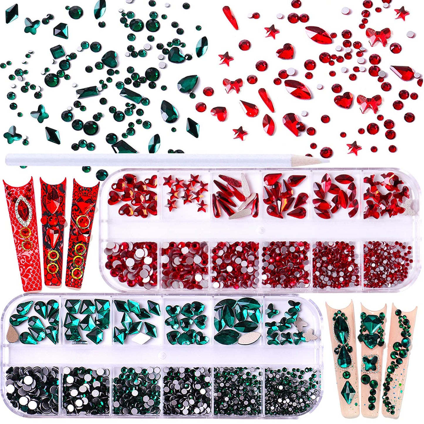 JERCLITY 1620pcs Flat Back Green Nail Rhinestones Red Nail Rhinestones Round Beads Crystals Glass Gems Stones Multi Shapes Sizes with Picking Pen for Crafts Nail Face Art Clothes Shoes Bags DIY