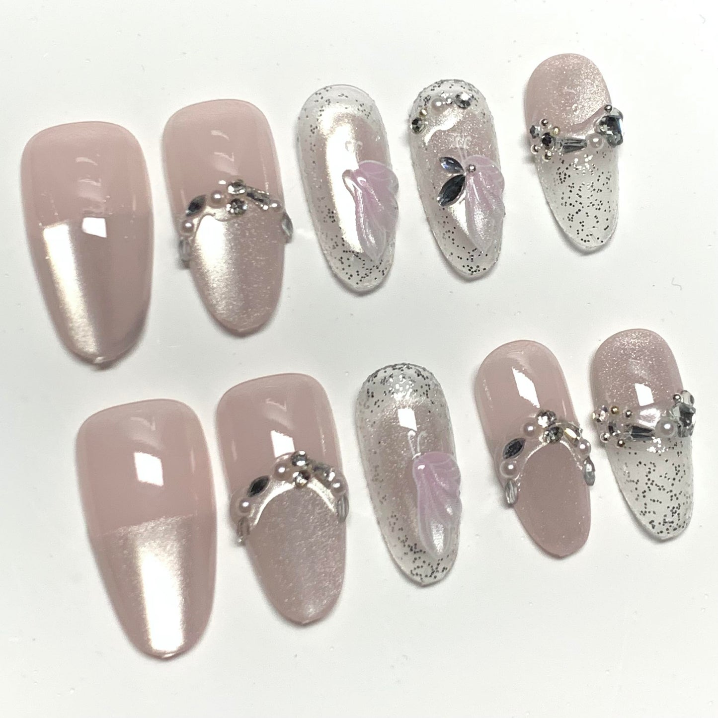 BABALAL Press on Nails, Medium Almond Fake Nails, Sliver Cat Eye Design, Pearl Rhinestone Charm Luxury Bling sparkly Acrylic, 24Pcs False Nails for Women Girls