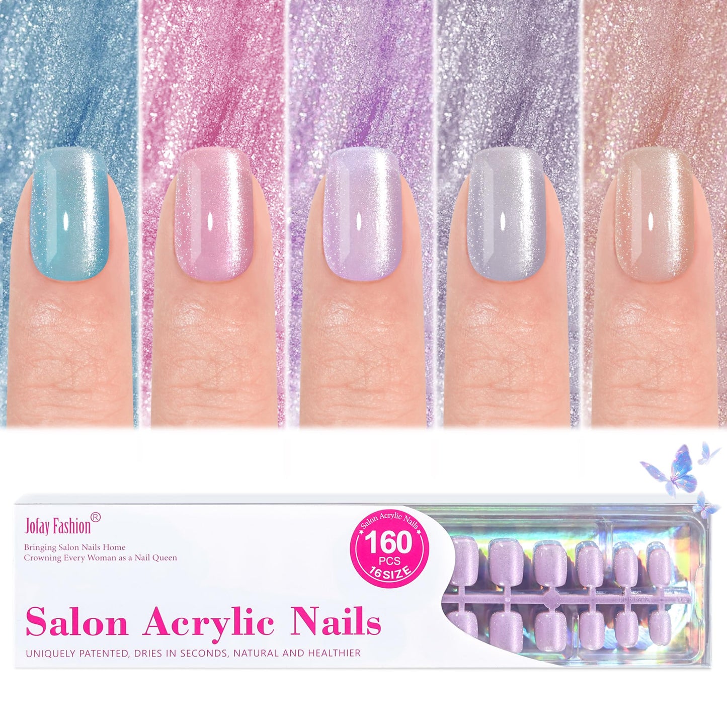 Valentines Press on Nails Short 5 Styles, Jofay Fashion 160Pcs Cat Eye Press on Nails for Women, Reusable Opaque Gel Fake Nails, Square Glue On Nails Kit in 16 Sizes, Bubbles