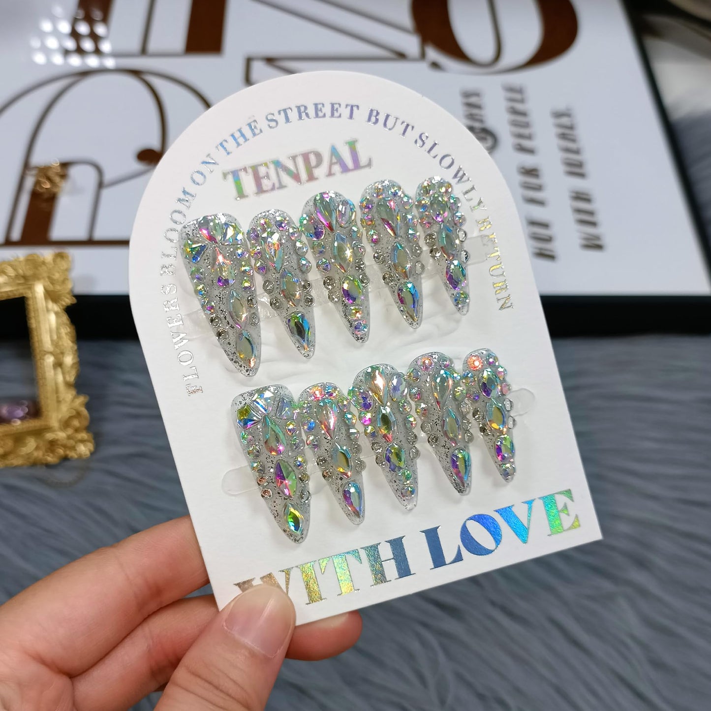 TENPAL 10Pcs Luxury Press On Nails Long Stiletto,Full Cover Crystal Glitter Fake Nail Set with Tools,Reusable Bride Wedding Nails for Bridal Party Bachelorette,Statement Making Glamorous Nail(M)