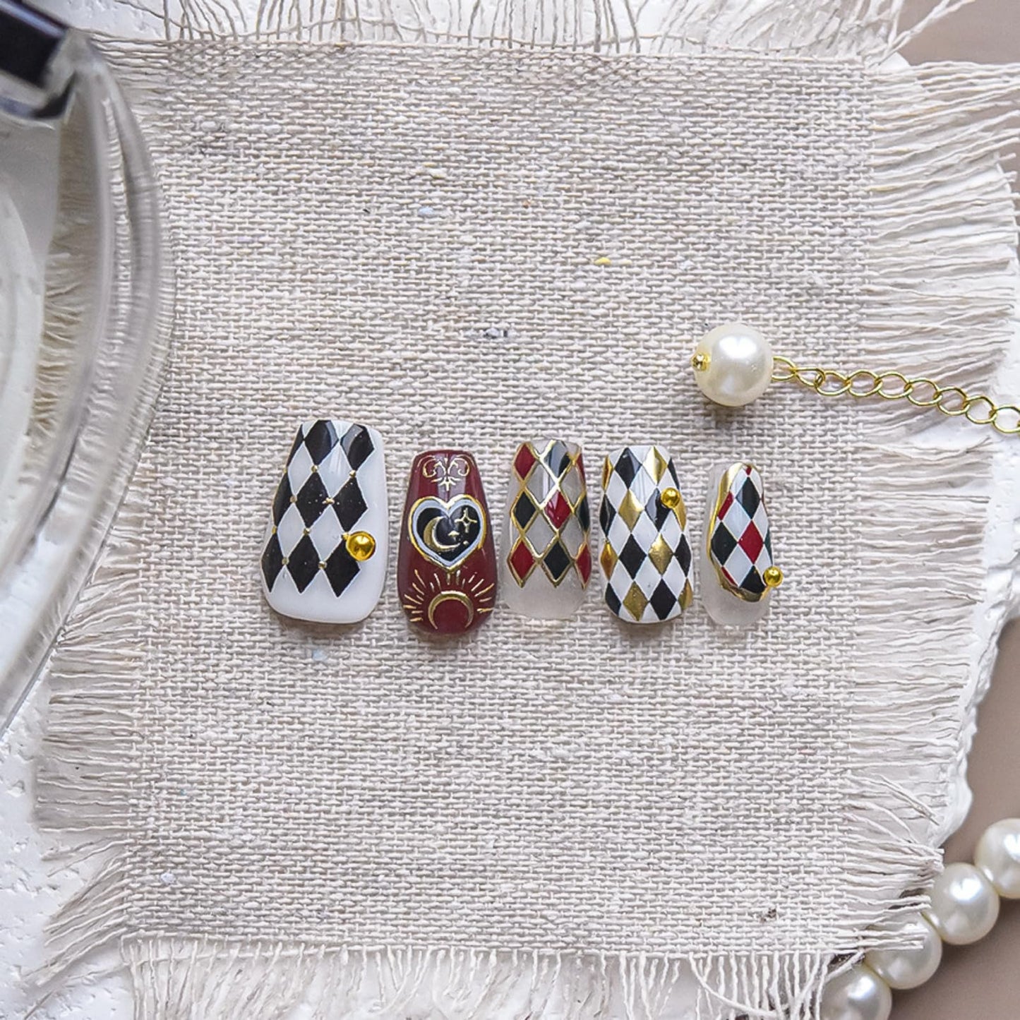 Red Black Nail Art Stickers Decals Poker Nail Stickers with Gold Design Lined Pattern Heart Nails Art Charms Self-Adhesive Star Moon Nails Supplies for Women Girls Manicure Decoration