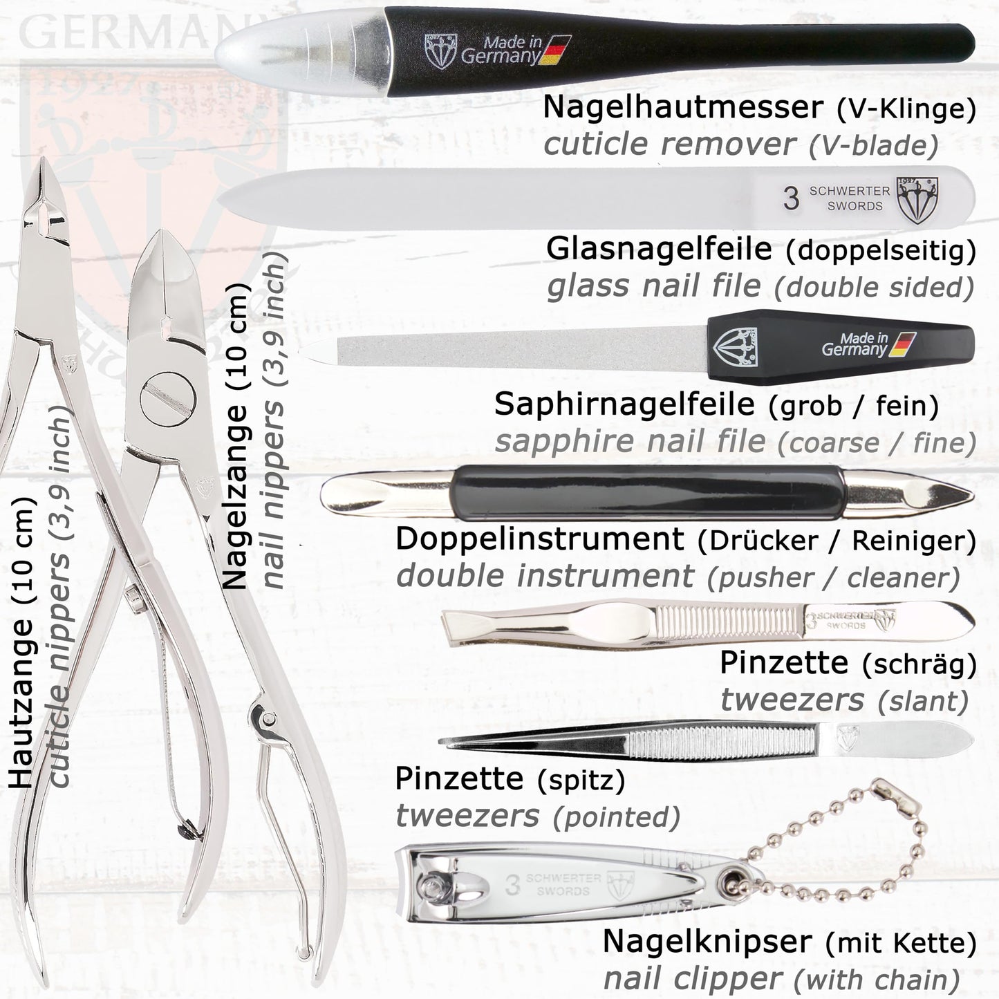 3 Swords Germany - brand quality 11 piece manicure pedicure grooming kit set for professional finger & toe nail care scissors clipper red genuine leather case in gift box, Made in Germany