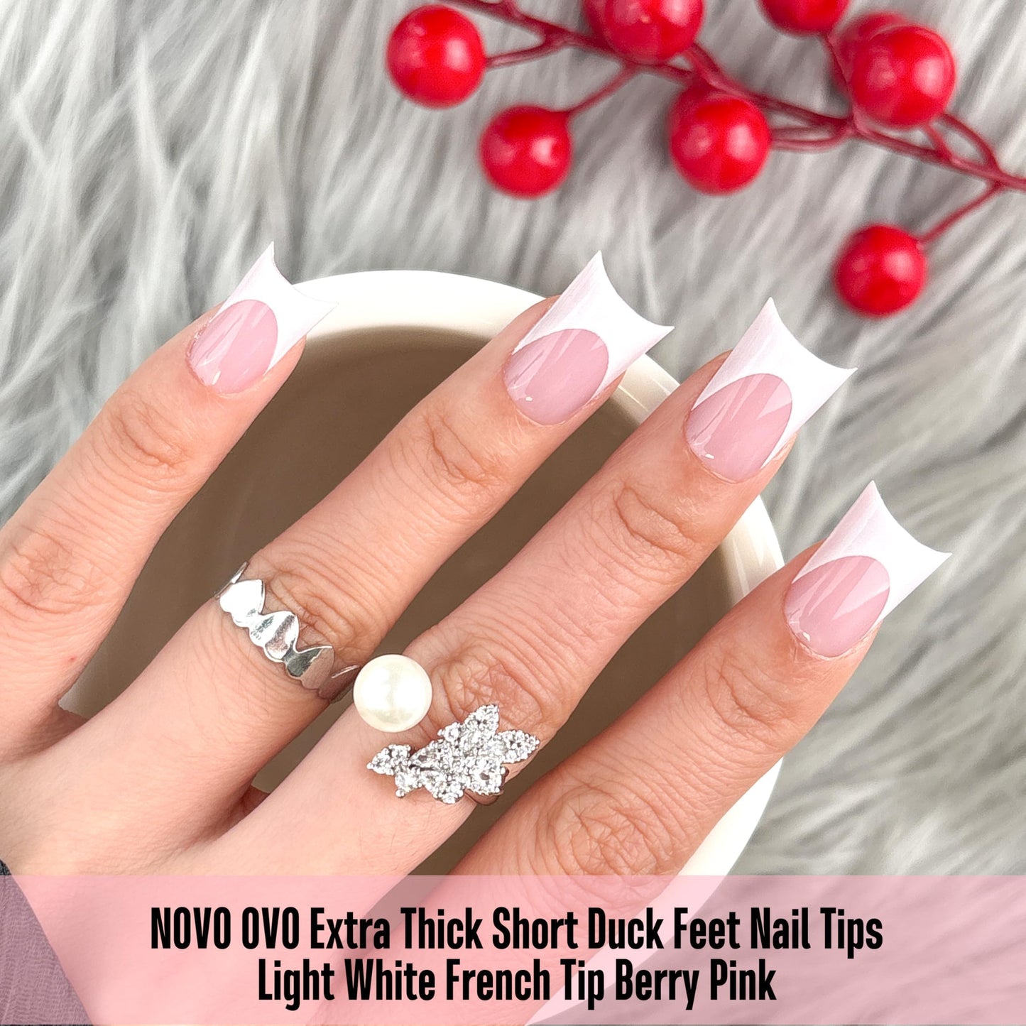 NOVO OVO Duck Nails Short with Moon Curve Light White French Tips BERRY PINK Full Cover for Press on Acrylic, Thick Flare Wide French Soft Gel Fake False Nail Extension x 15 Sizes 240 pcs