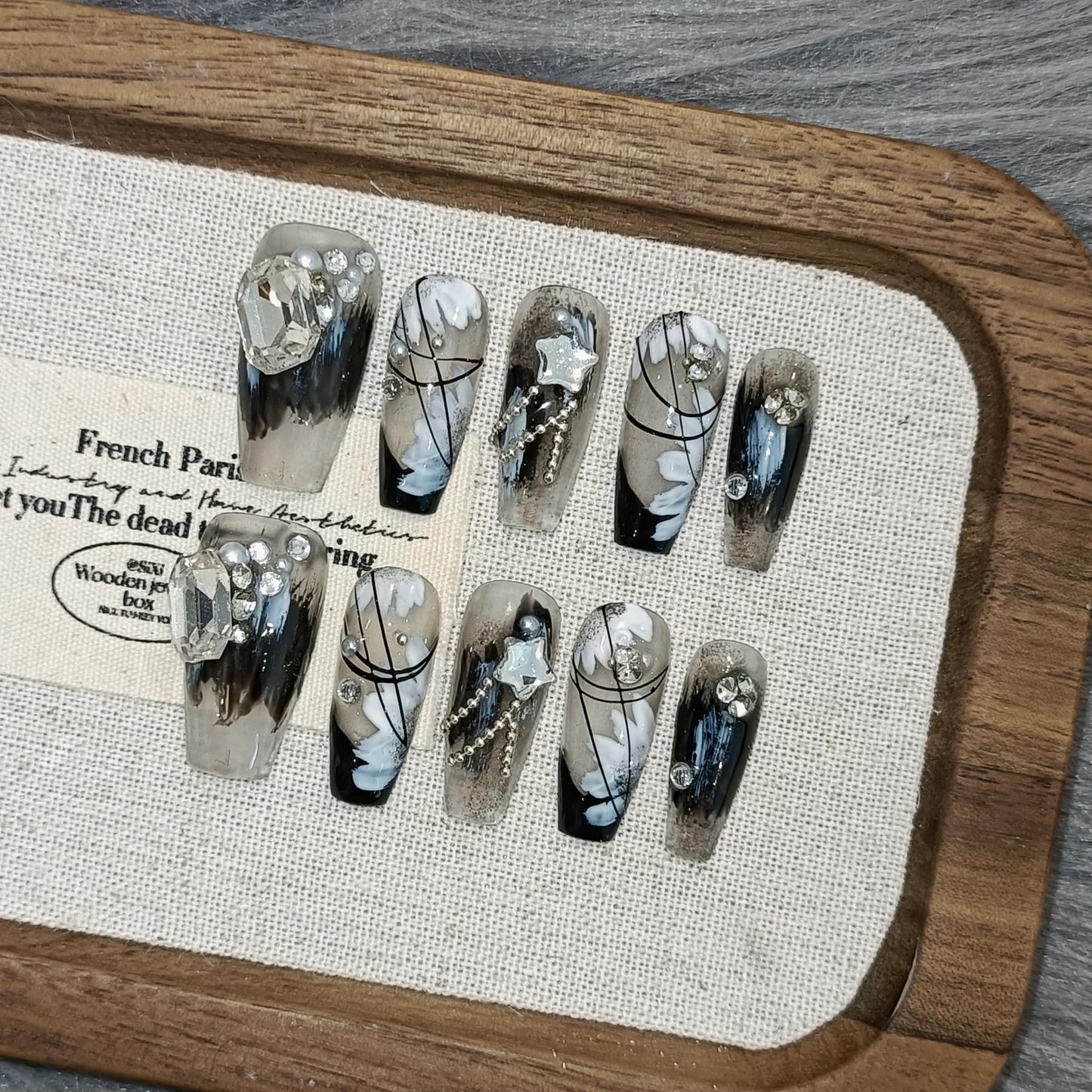 TENPAL 10PCS Gothic Coffin Press on Nails with Tools Kit,Black French Tips Fake Nails with Oriental Chain & Crystal Design | Dark Rebel Glue on Nails Medium | Icy Dark Elegant Chinese Style Nails(XS)