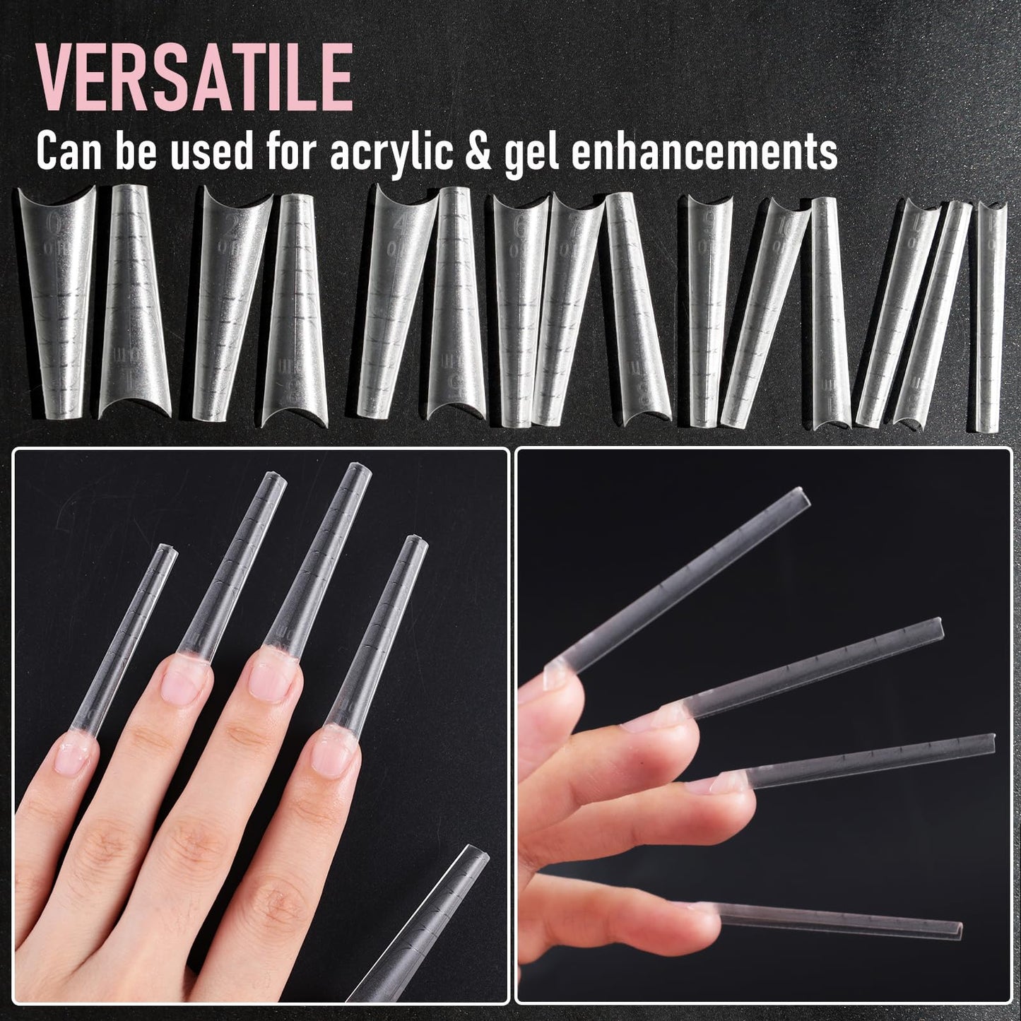 Wellquinn 5cm Shallow Cover Nail Tips, D-Arc at the Stress Area, C-Arc Sculpted, Straight Coffin Shape, Can be Filed into Almond Shape, 150Pcs 15 Sizes with Auxiliary Lines