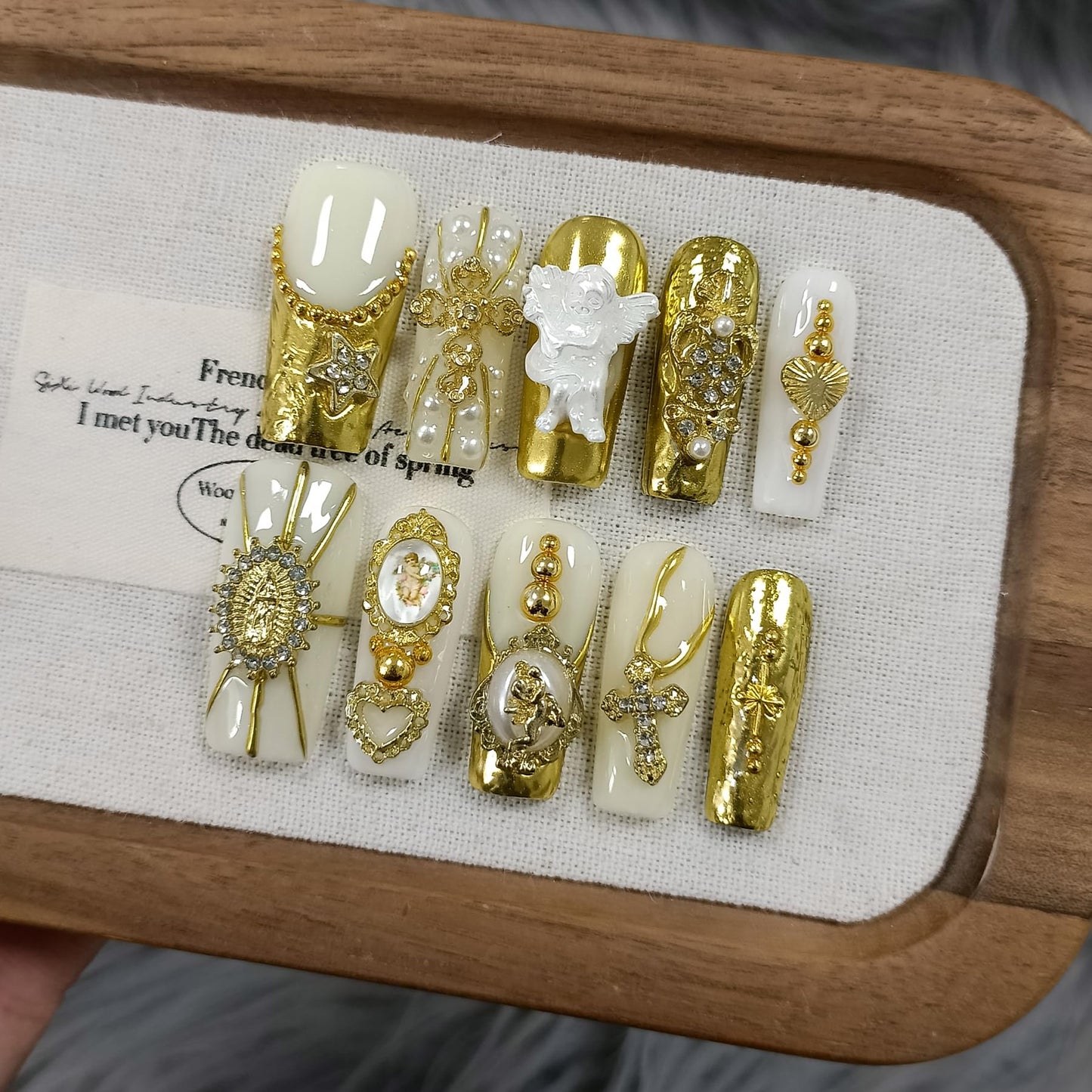 TENPAL Baroque Press on Nails Long Coffin 3D Embossed Pearl Cross Charm Luxury False Nails for Women Gold Glam Royal Cathedral Style Glue on Nails for Parties Holiday Events(S)