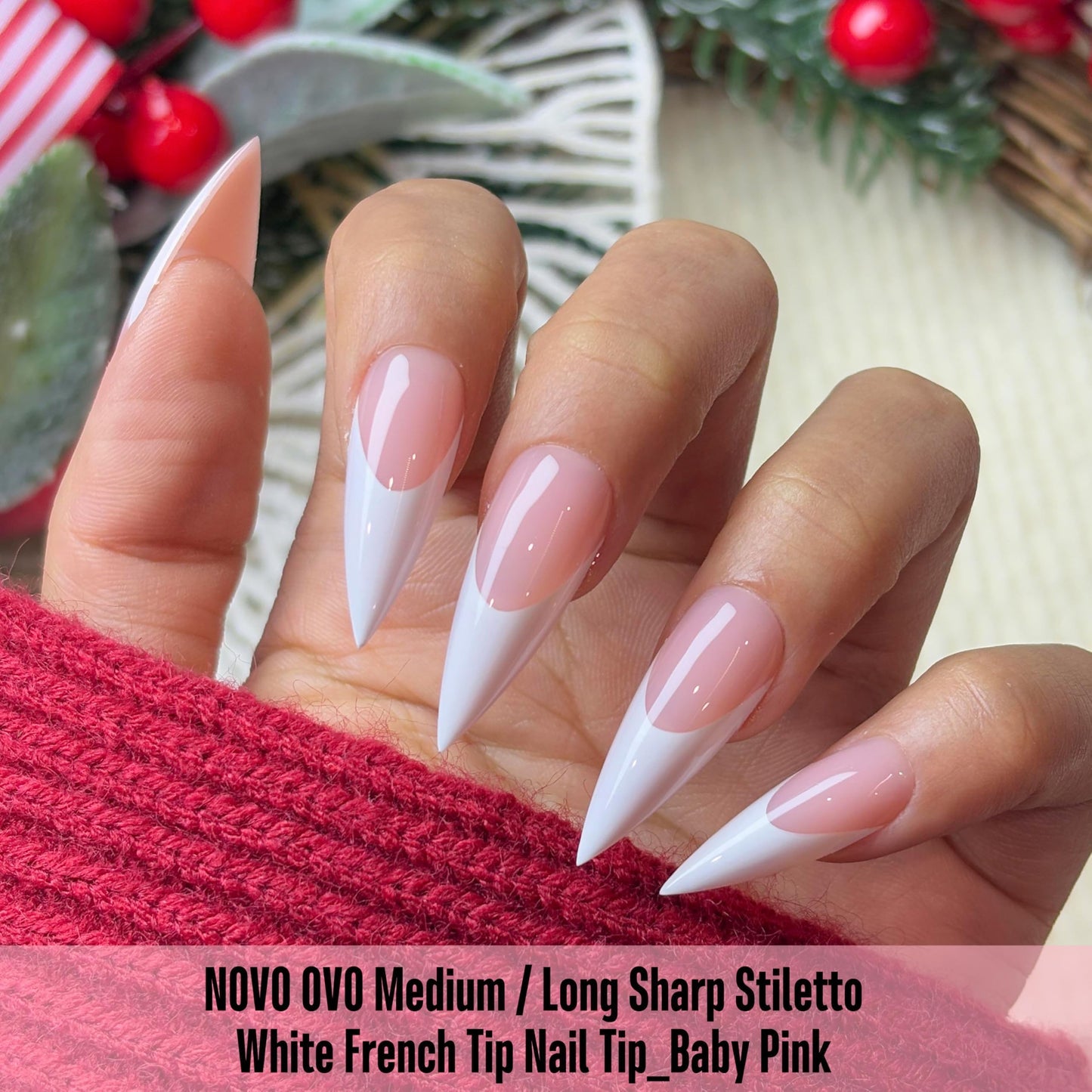 NOVO OVO White French Tip Sharp Stiletto Pointed Medium Long Nail Tips Press on Baby Pink, Soft Gel Fake Acrylic Extension, Full Cover False Nails for Salon DIY x 16 Sizes 160 pcs
