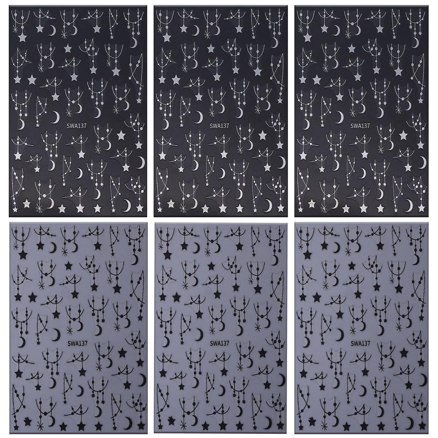CJDLTS 6 Sheets Moon Star Nail Art Stickers 3D Self -Adhesive Hollow Stars Nail Decals Holographic Black & Silver Pendant Star Moon Nail Stickers Unique Nail Decoration for Women Manicure Supplies