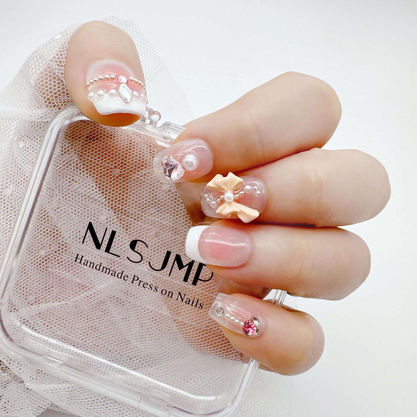 NLSJMP,10Pcs,Size M,French bow, Handmade Short Square Press on Nails French Tip,Ombre Acrylic Fake Nails Kit,Pearl Glitter Design 3D Nail Art Kit,Reusable False nails,Include Toolkit