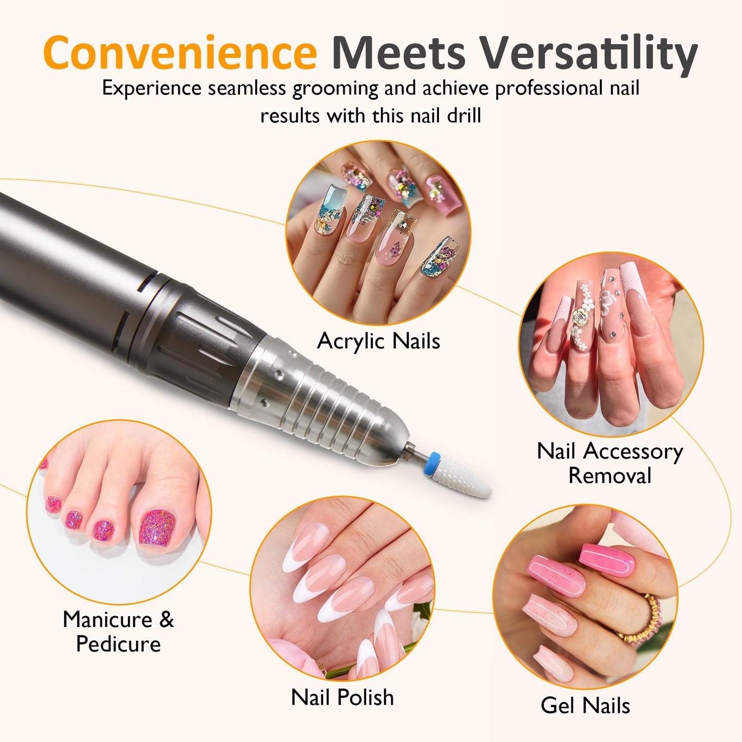 Sunvivi Professional Electric Nail Drill 40000RPM, Portable & Rechargeable Cordless Nail File Machine with 11 Drill Bits for Acrylic Nails Shaping, Polishing & Removing Gel Nails Home & Salon Use