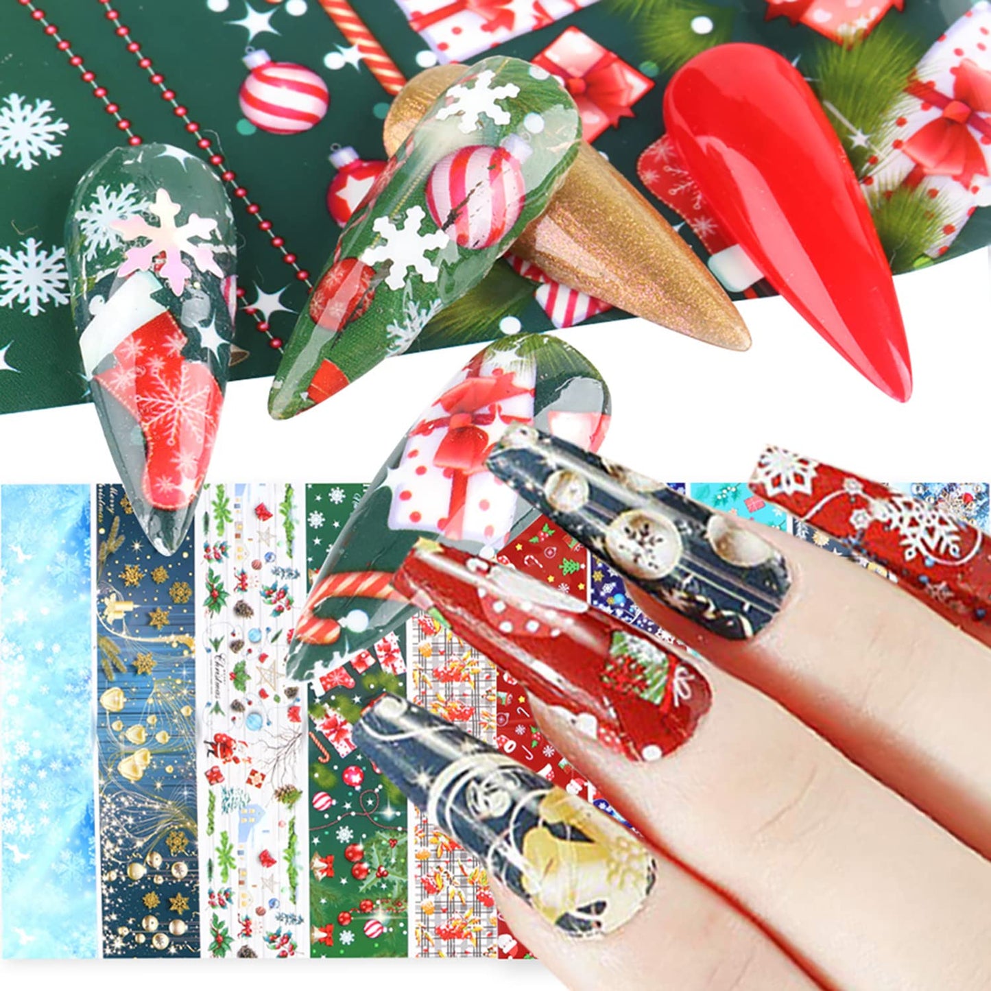 Onsdag Holographic Nail Foil Transfer Stickers Decals, Winter Christmas Polish Sheets Sky Starry Paper Foils Snowflake Nails Supplies for Glue Women Manicure Film Decorations