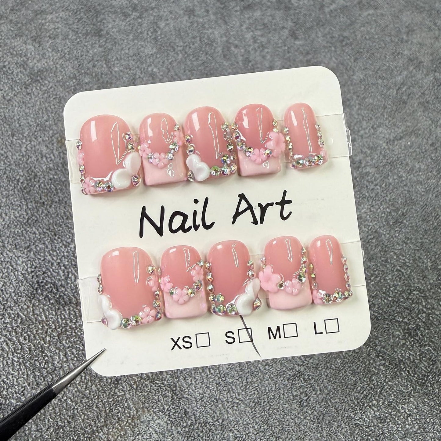 Handmade Press on Nails Short Square 3D Floral Pink French Tip Acrylic Fake Nails with Rhinestone Designs Muti-Layer Gel Thicked Stick on Nail Art Glossy False Nails for Women (M)