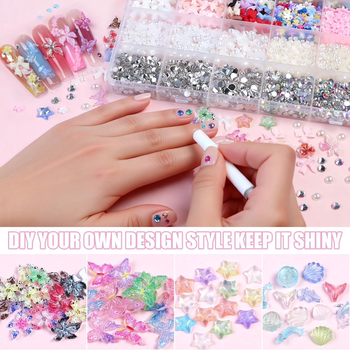 24 Grid Nail Charms - Multi Series Colorful Nail Charms and Gem: 3D Hawaii Flowers Butterflies Ocean Star Bows Rhinestones and Pearls - Charms for Nails Art Supplies DIY Accessories