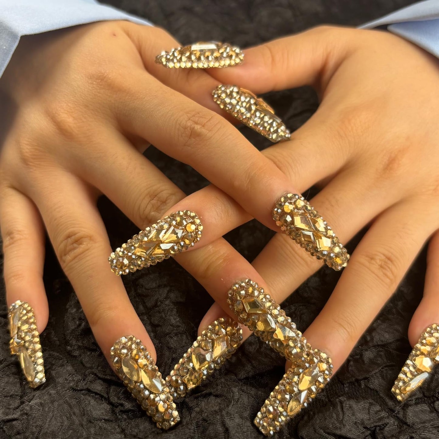 AKA Unicorn Trendy Handmade Press On Nails Long Square Shape,10Pcs Shimmery Acrylic Fake Nails with 3D Champagne Rhinestone Luxury Design Stick On Nail for Woman Gift