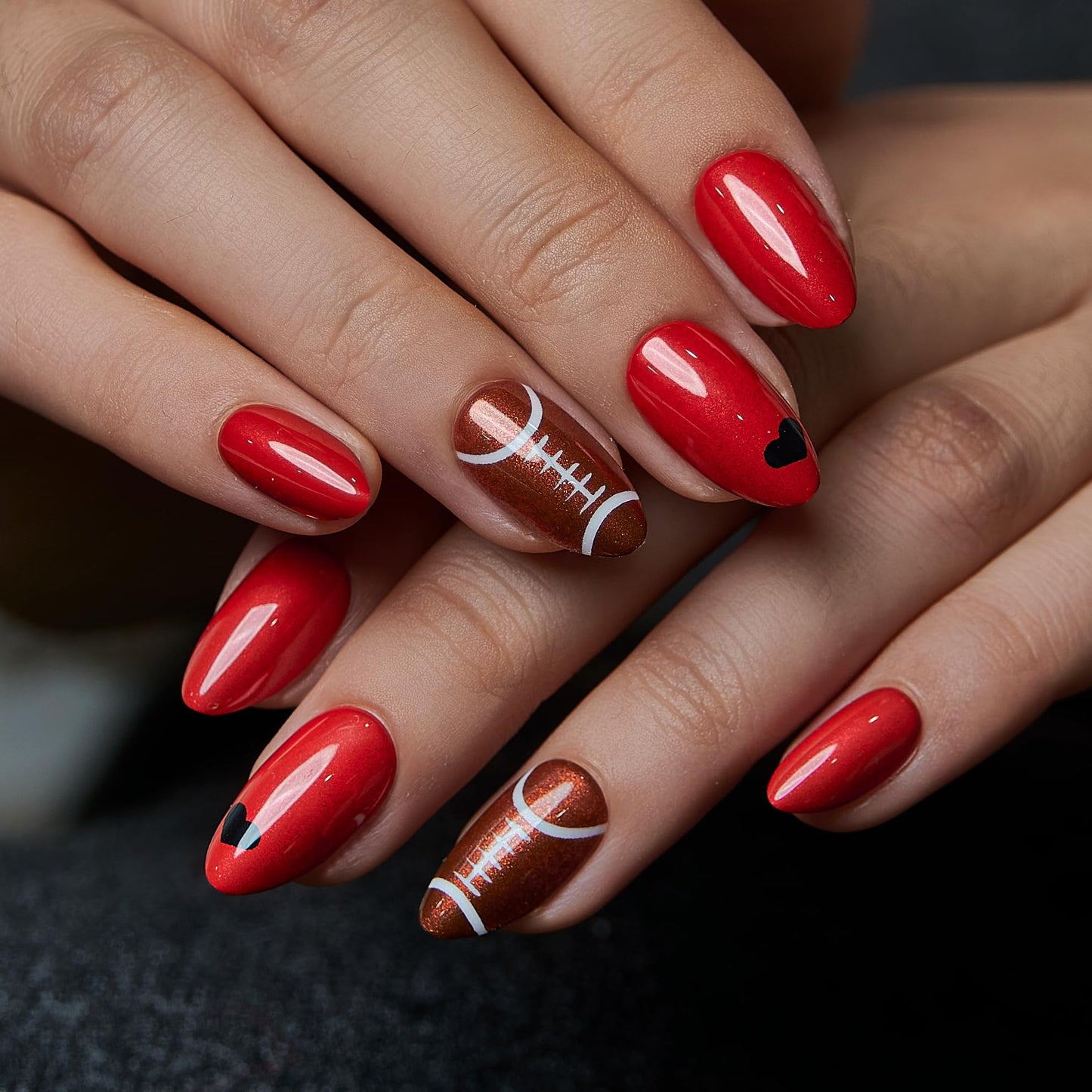 CurvLife Press On Nails Medium Almond – 30Pcs Red Football Fake Nails, Soft Gel Game Day Press On Nails with Glue, Glossy Glue On Nails for Women & Girls, Super Bowl & Sports Fans