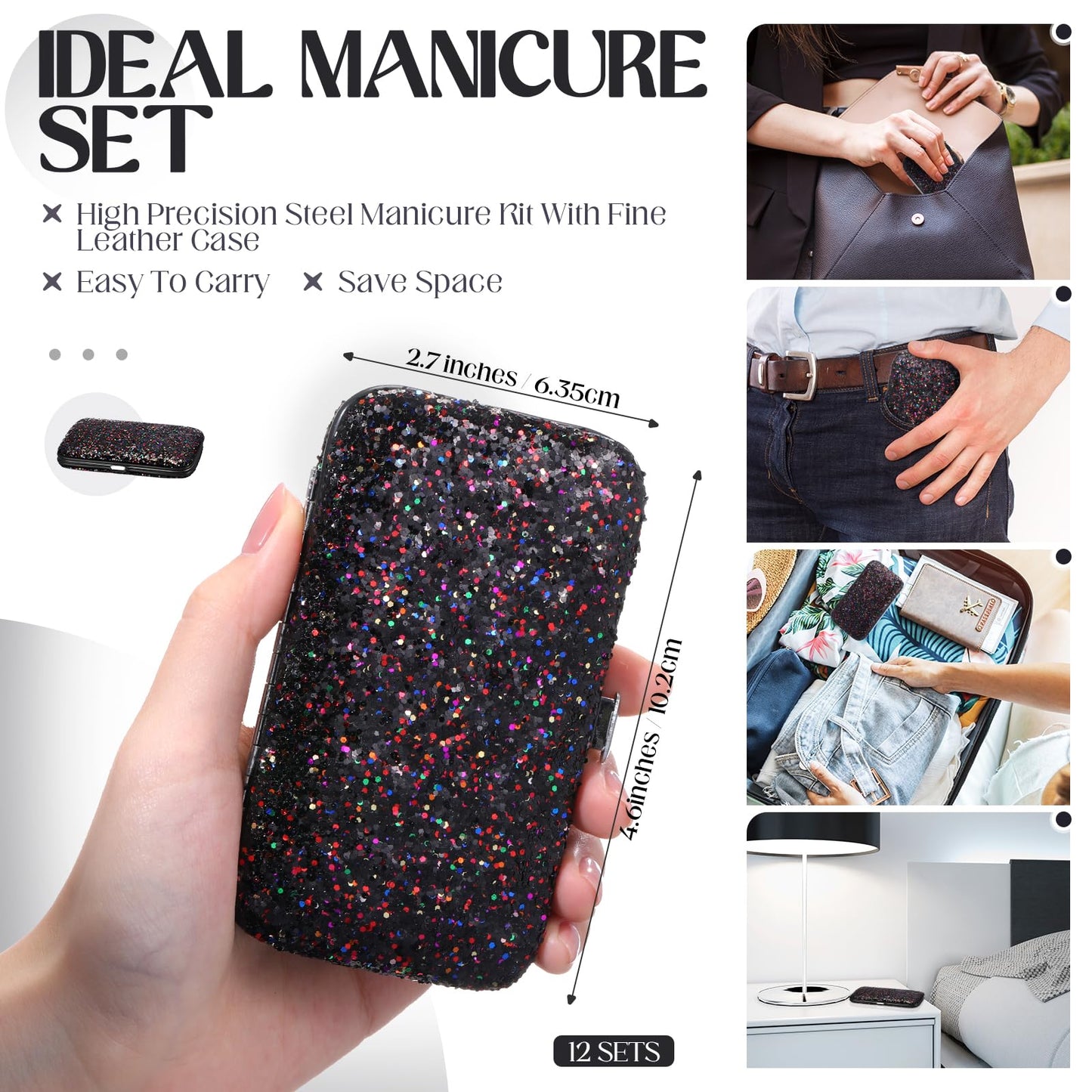 Geosar 12 Set 8 in 1 Manicure Gifts for Fathers Day Bulk Stainless Steel Nail Clippers Kit Pedicure Care Tools with Leather Case Travel Grooming Kit Gift for Women Men Hands Foot(Glitter Silver)