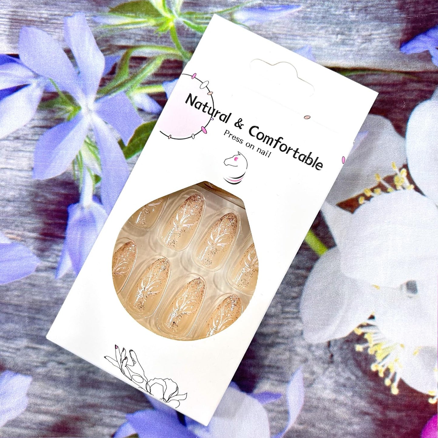 CJDLTS Press on Nails Medium Almond Shaped Flower False Nails Glitter Powder Design Full Cover Nude Stick on Nail Artificial Acrylic Press Ons French Tip Glue on Nail for Women Manicure Art 24Pcs