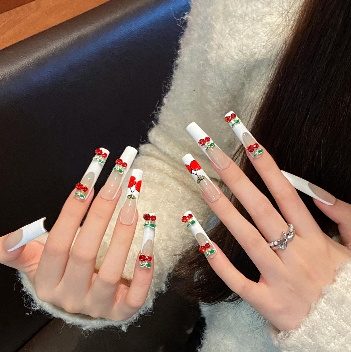 MNAFAYY 100% Handmade Nails Cherry Extra Long 3D Gems French Press On Nails White Full Cover Luxury Gorgeous Reusable UV Finished Fake False Nails Acrylic Nail Kit With Box Gifts Women Mother's Day S