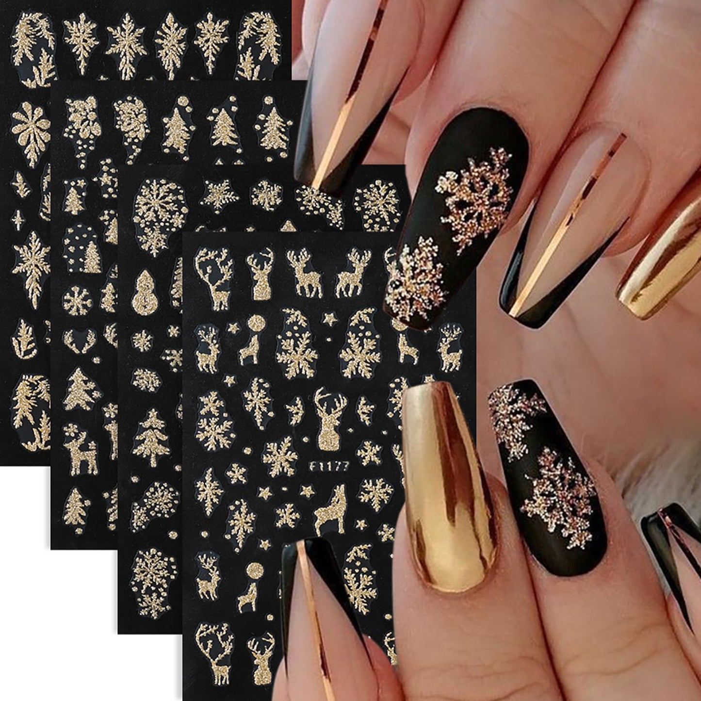 Christmas Gold Nail Art Stickers Cute Snowman Elk Christmas Trees Nail Decals Holographic 3D Self -Adhesive Golden Glitter Snowflake Nails Stickers Xmas Nails Decoration for Women Featival Manicure