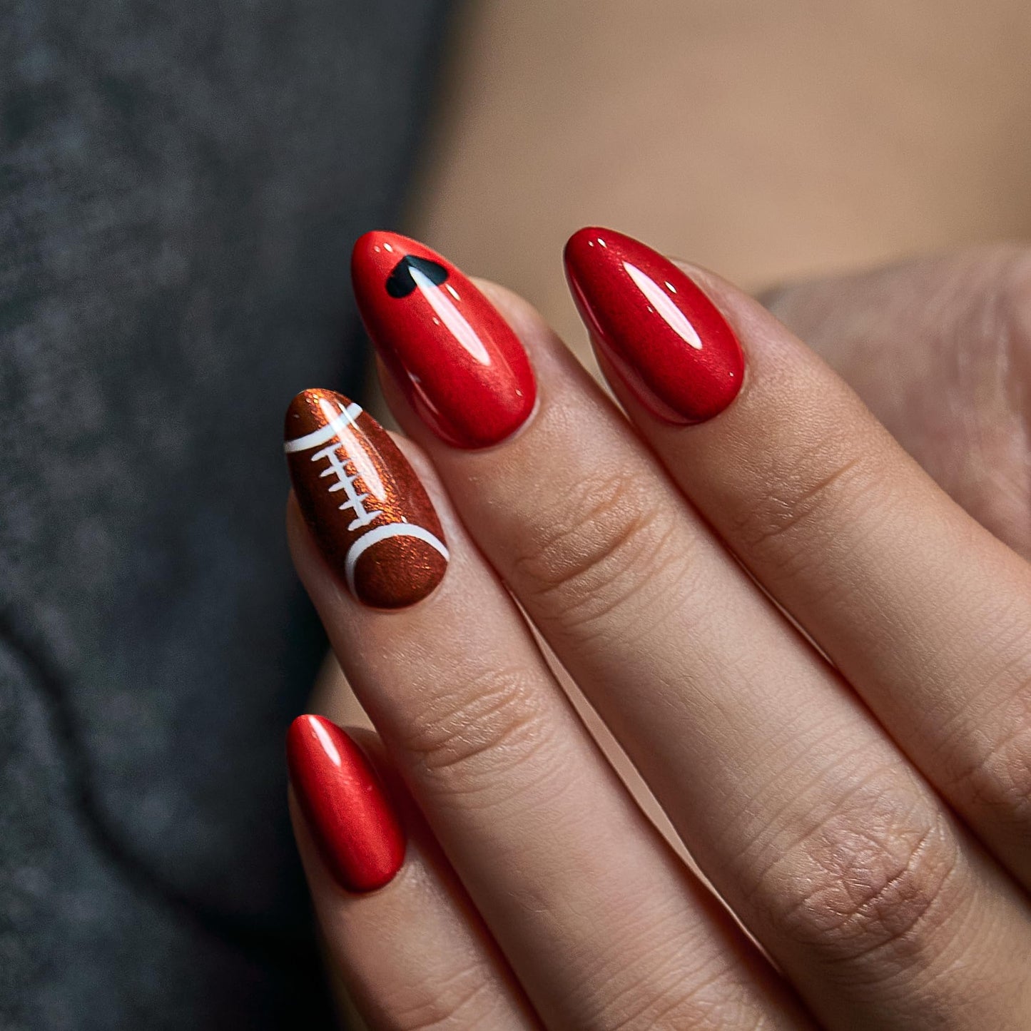 CurvLife Press On Nails Medium Almond – 30Pcs Red Football Fake Nails, Soft Gel Game Day Press On Nails with Glue, Glossy Glue On Nails for Women & Girls, Super Bowl & Sports Fans