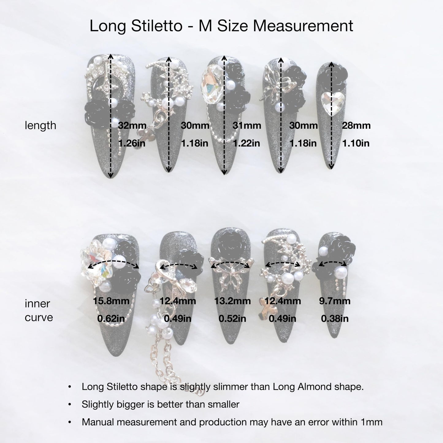 GLORS Luxury Long Stiletto Press-On Nails, 3D Black Roses with Silver Glitter, Pearl and Rhinestone Decorations, Handmade False Nail 10 Pieces (Medium, LS)