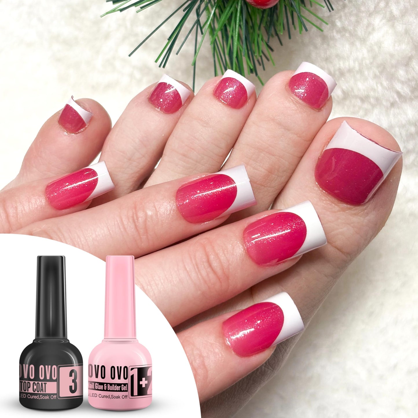 UV Nail Glue and Builder Gel 2 in 1, No Wipe Top Coat Kit for Predesigned French Tip Nail Tips, NOVO OVO Super Strong Adhesive for Press on Nails, 30+ Days Long Lasting, Salon Effect, Easy to Use