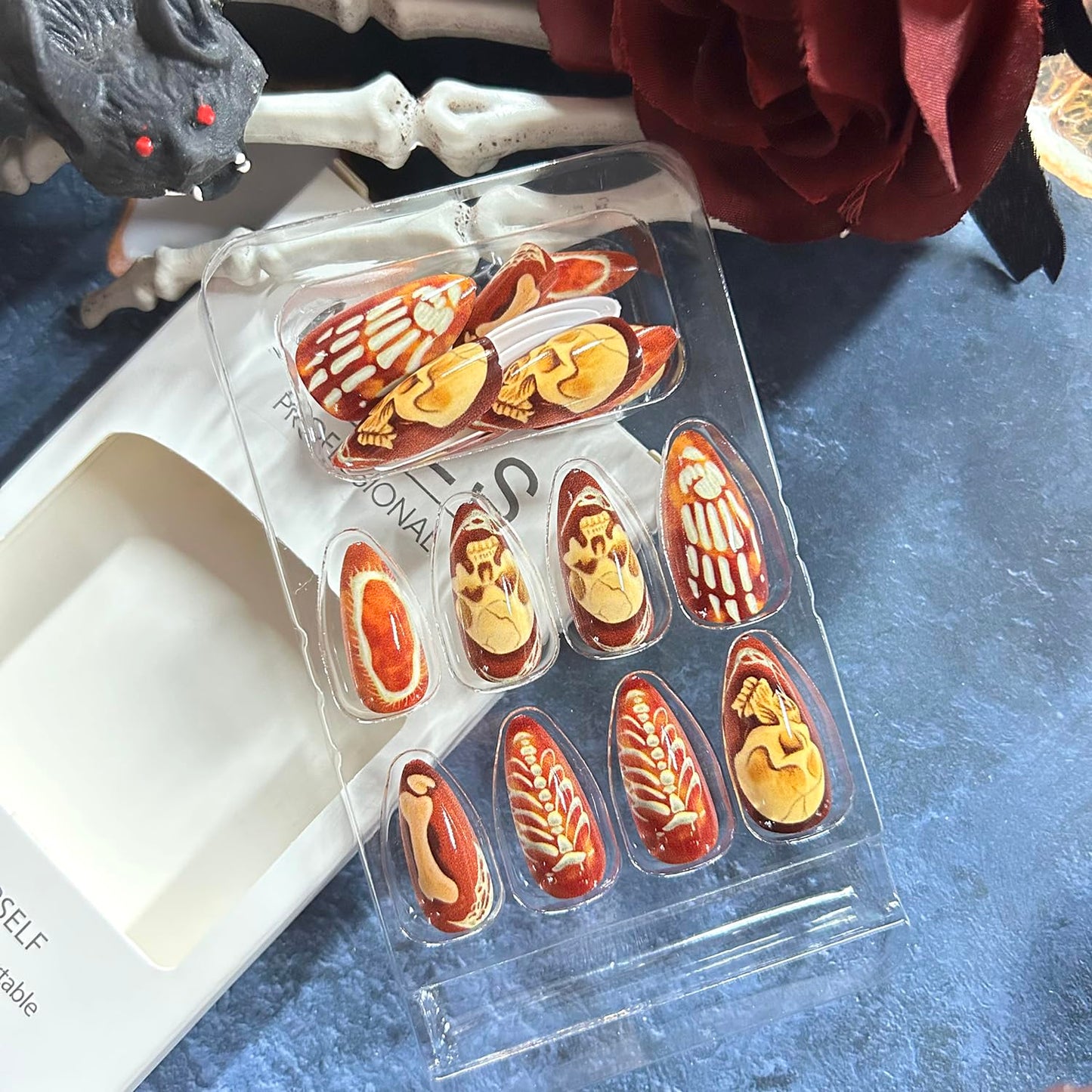24Pcs Halloween Press on Nails Medium Almond White Skull Skeleton Hand Design Acrylic False Nail Full Cover Glossy Halloween Stick on Nails Press Ons Almond Glue on Nails for Women Festival Supplies