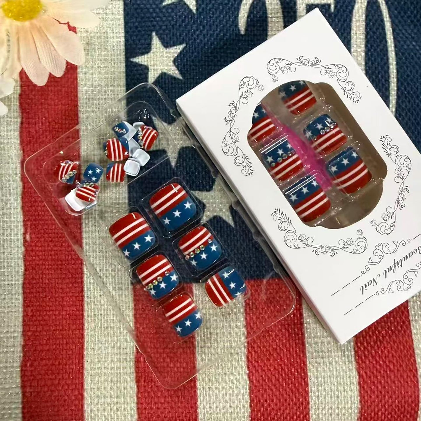 4th of July Press on Toenails Red White Blue Fake Toe nails with Rhinestone Designs Glossy Short Square Acrylic Toe Nail Press ons Independence Day Stick on Toenails for Women 24Pcs
