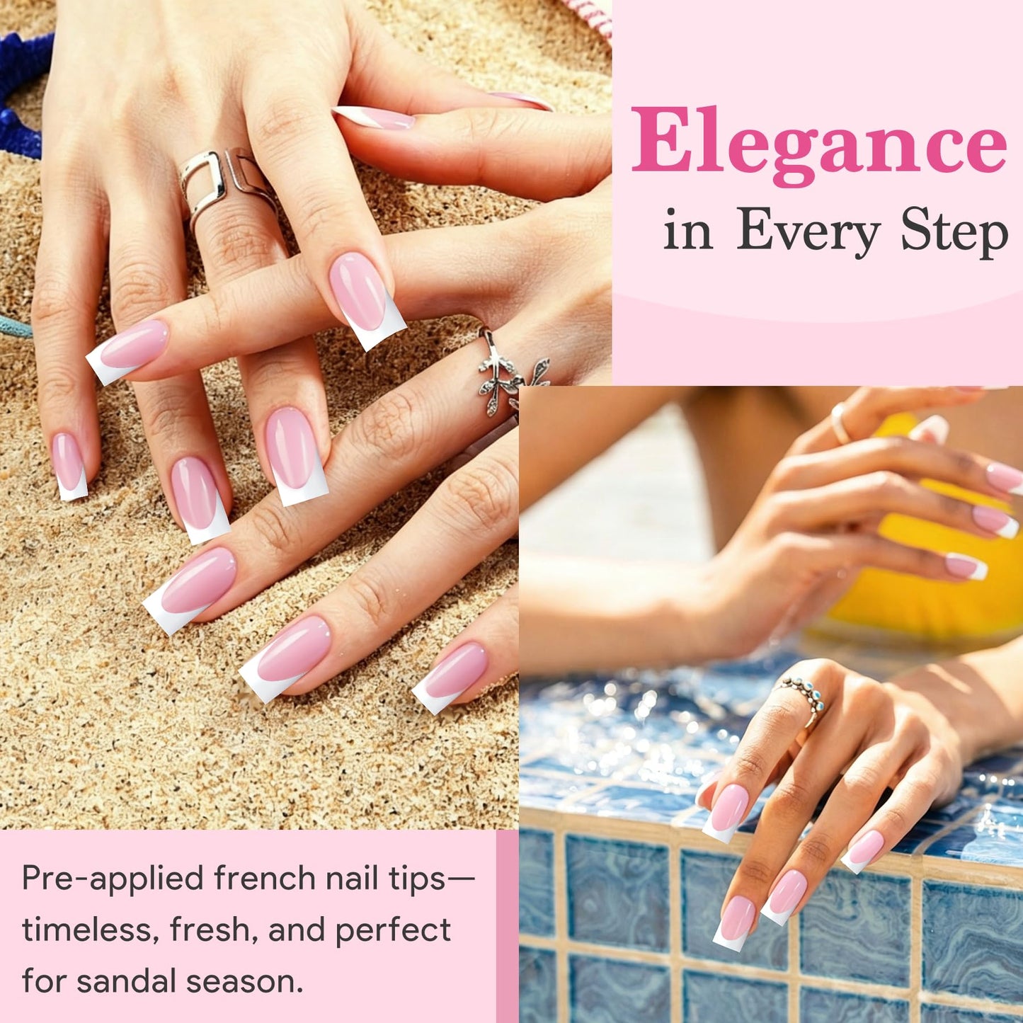 Qiek French Tips Press On Nails - 150Pcs Light Pink Short Square Soft Gel Nail Tips Pre-Designed, 15 Sizes Fake Nails for Nail Art DIY, False Nails Salon Quality Manicure at Home Gifts For Women