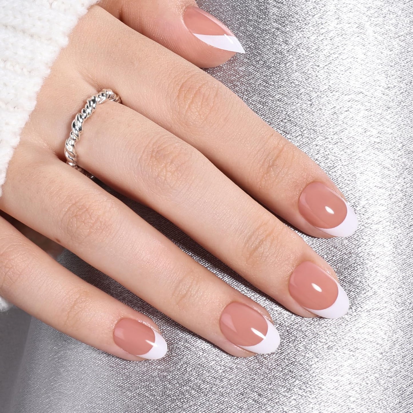 Leefrei French Tip Press On Nails Short Almond - Warm Nude Base with White Tips, Natural Almond French Fake Nails, Reusable Glue On Nails Kit, 32pcs in 16 Sizes Nails Press ons, Latte French