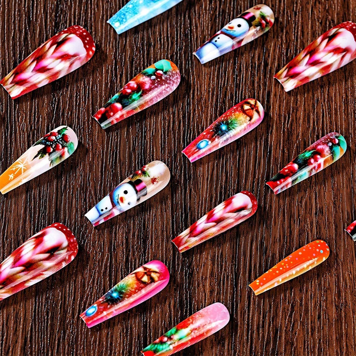 Holly Medium Coffin False Nails Snowman Stick on Fingernails Firework Gel Glue on Nail Christmas Press on Nails 24Pcs Glossy Red Candy Cane Acrylic Fake Nail for Women Xmas Gift