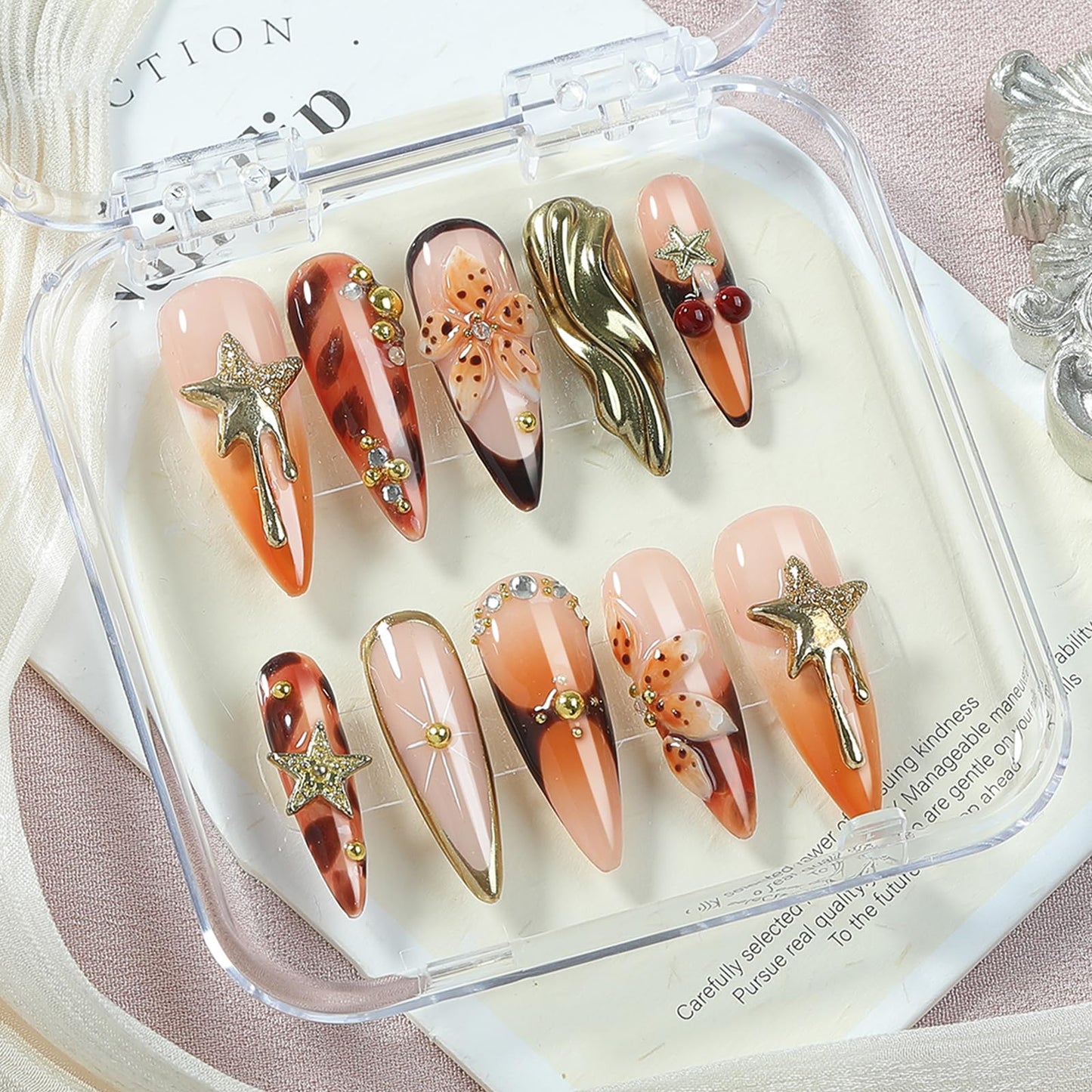 Long Almond Press on Nails, 10pcs Handmade Design Fake Nails with Gold Chrome Mirror, Tortoise Shell & Cherry 3D Flower Style, Reusable Glue on Nails for Women – Appife