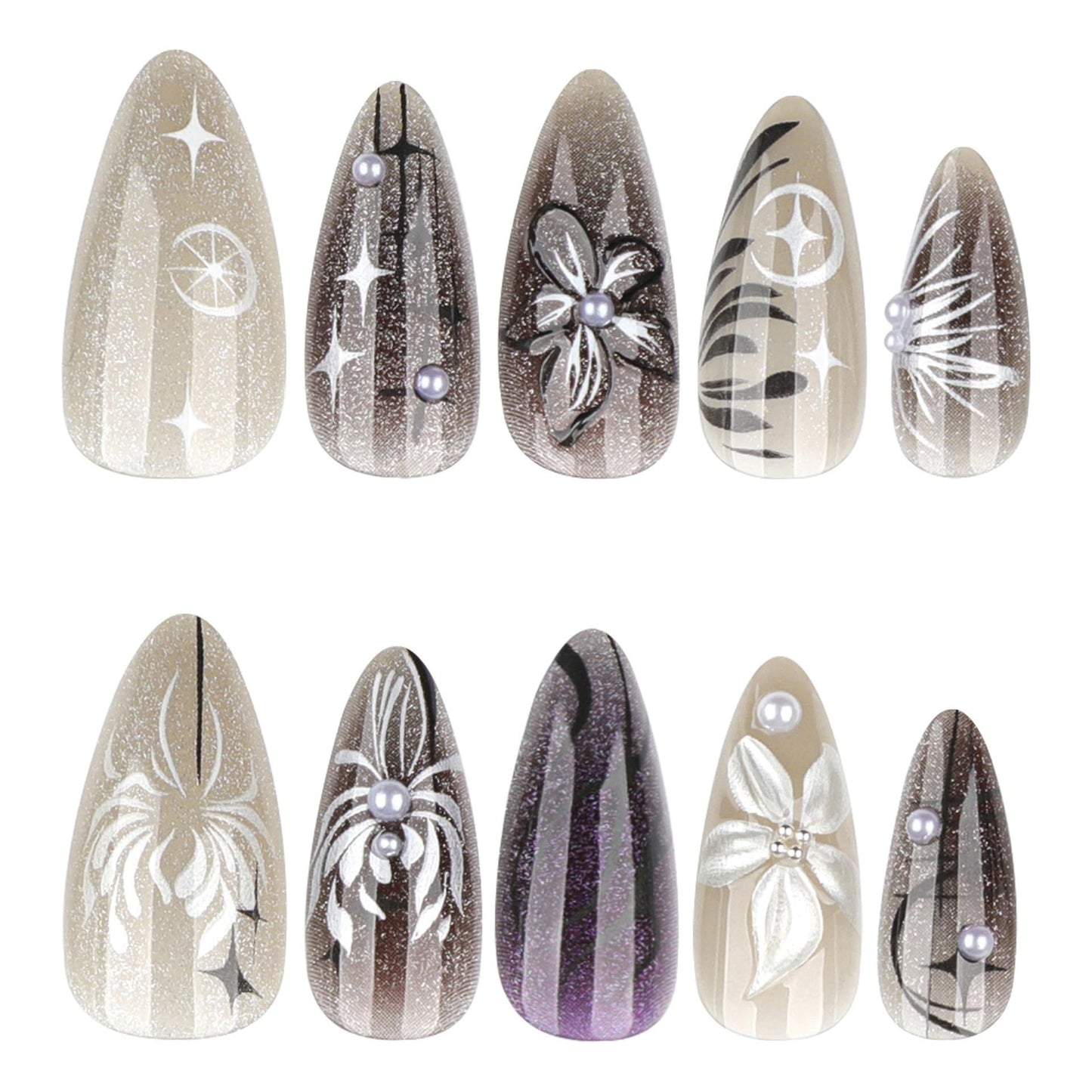 Medium Press on Nails Almond - Ombre Black Fake Nails with 3D Flower Design - Y2k, Full Cover Stick on False Nails - for Women 24 Pcs