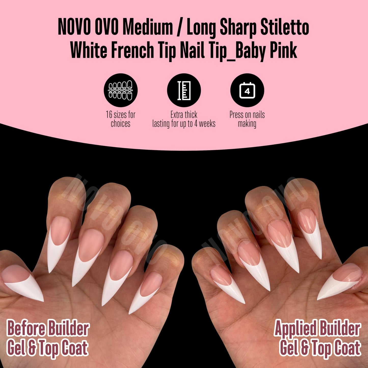 NOVO OVO White French Tip Sharp Stiletto Pointed Medium Long Nail Tips Press on Baby Pink, Soft Gel Fake Acrylic Extension, Full Cover False Nails for Salon DIY x 16 Sizes 160 pcs