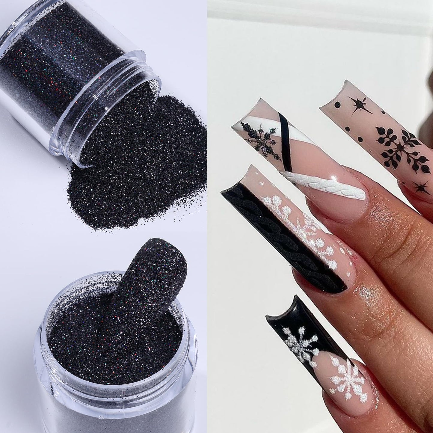 Sugar Glitter Powder for Nails, 4pcs White Black Candy Coat Effect Nail Supplies Fine Dipping Powder Shiny Shimmer Pigment Manicure Nail Glitter Dust Decoration DIY for Valentine's Day Hearts
