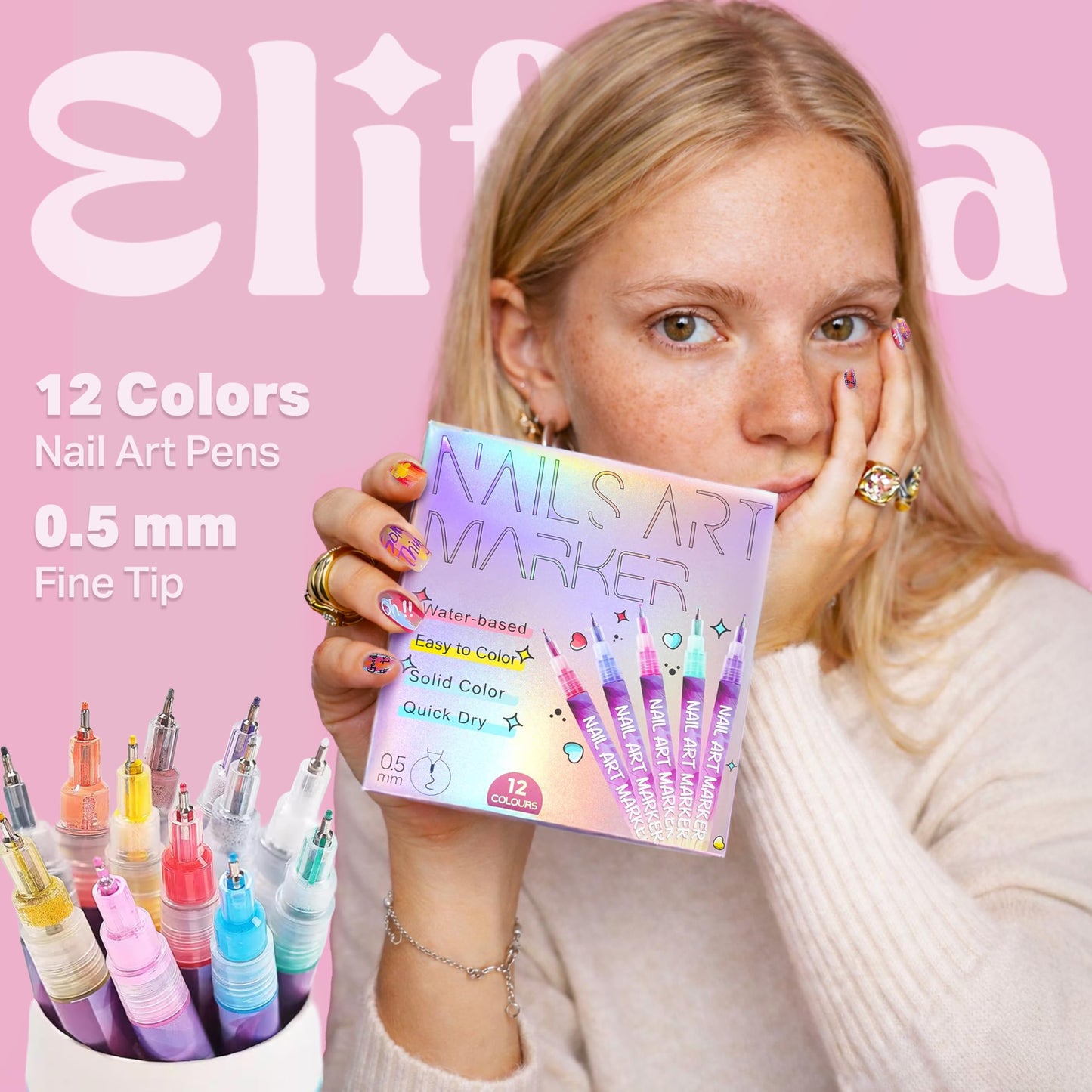 ELIFERA Nail Art Pens for DIY Nail Design – Nail Polish Pens & Nail Art Markers Kit with Easy Control, Compatible with Nail Brushes for Beginners and Professionals