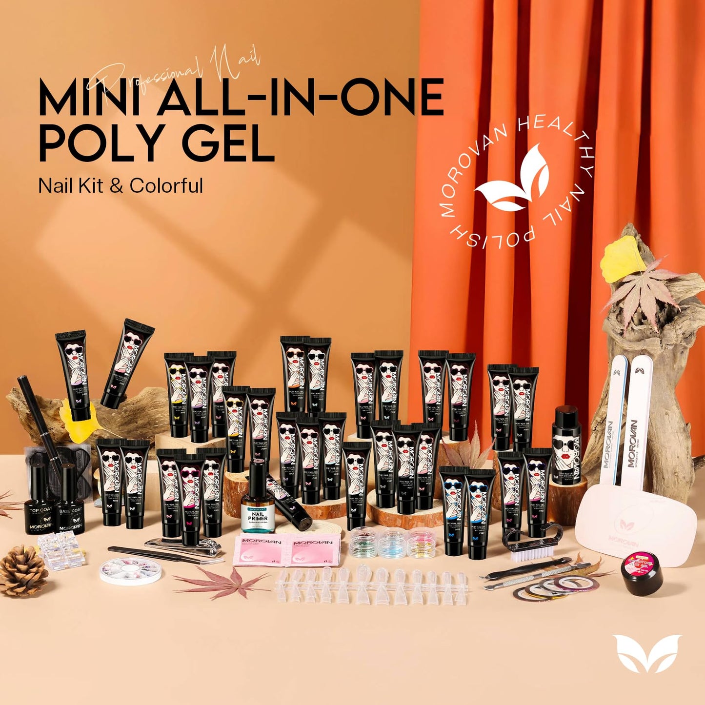 Morovan Poly Nail Gel Kit: 32 Colors Classics Tones Complete Extension Gel Nail Kit with UV Lamp Slip Solution Builder Manicure Tools for Starter DIY Salon Use 2025 Fall