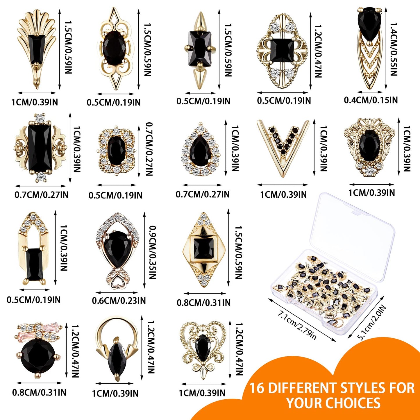 Leelosp 24 Pieces 3D Nail Charms Gold Luxury Black Rhinestones Nail Charms for Acrylic Nails Black Zircon Jewels Crystals Rhinestones with Storage Box for DIY Craft Art