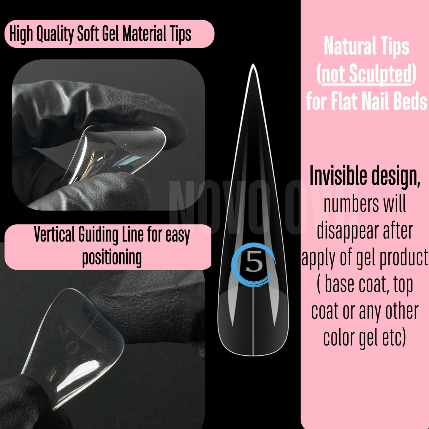 NOVO OVO Halloween XXL Straight Sharp Stiletto Natural Nail Tips Press on (not Sculpted), Normal Thick Extra Long Soak Off Soft Gel Fake Nail Extension, Full Cover False Nails for 12 Sizes 240 pcs