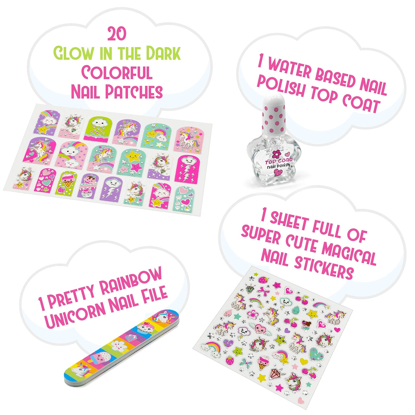 Hot Focus Unicorn Nail Art Glow in the Dark Kit 77 Pieces - Nail Stickers Unicorn and Rainbow Set, Nail Patches, Nail Polish and Nail File - Non-Toxic Water Based Polish