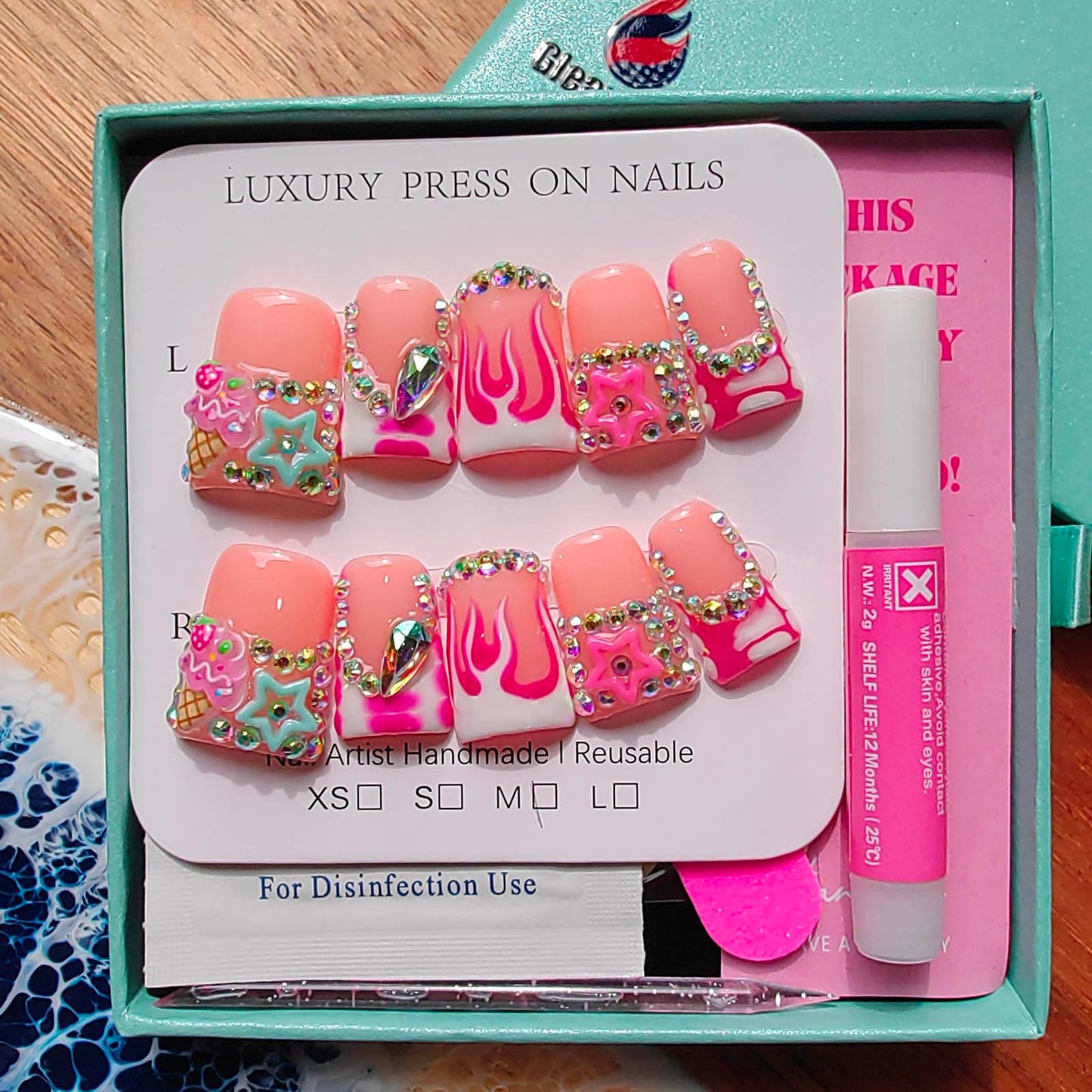 Gleamrain Handmade Press on Nails short Square Shape M Size/Gleamrain Luxury Duck Hand Made Cute Acrylic Glue on Nails With Rhinestones and Flower Design Duck Nail for Women and Girls 10 Pcs