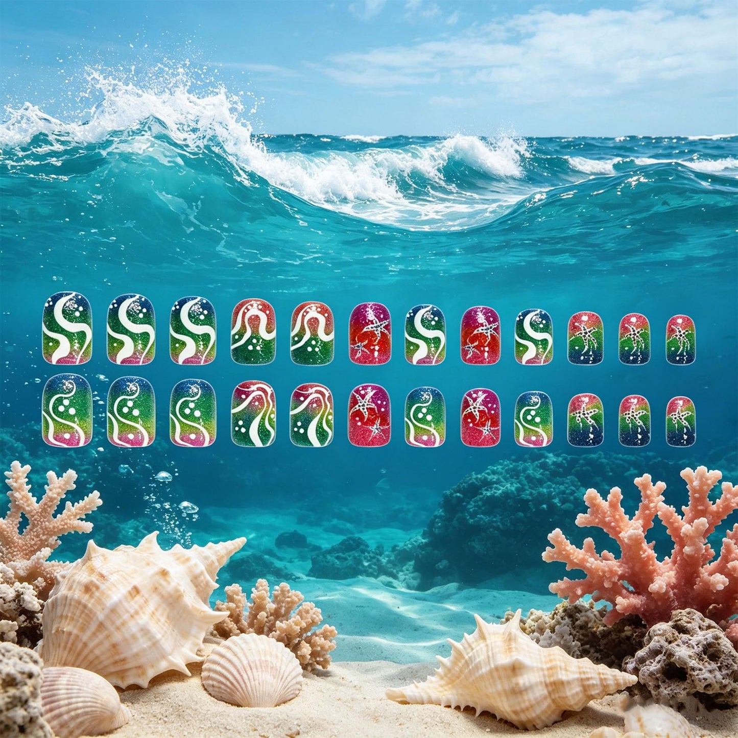 Ocean Starfish Press on Nails with Summer Beach Design Glossy Rainbow Ombre Fake Nail Short Square False Nails Seaweed Full Cover Stick on Nail Wave Glue on Artificial Fingernails for Women Wear