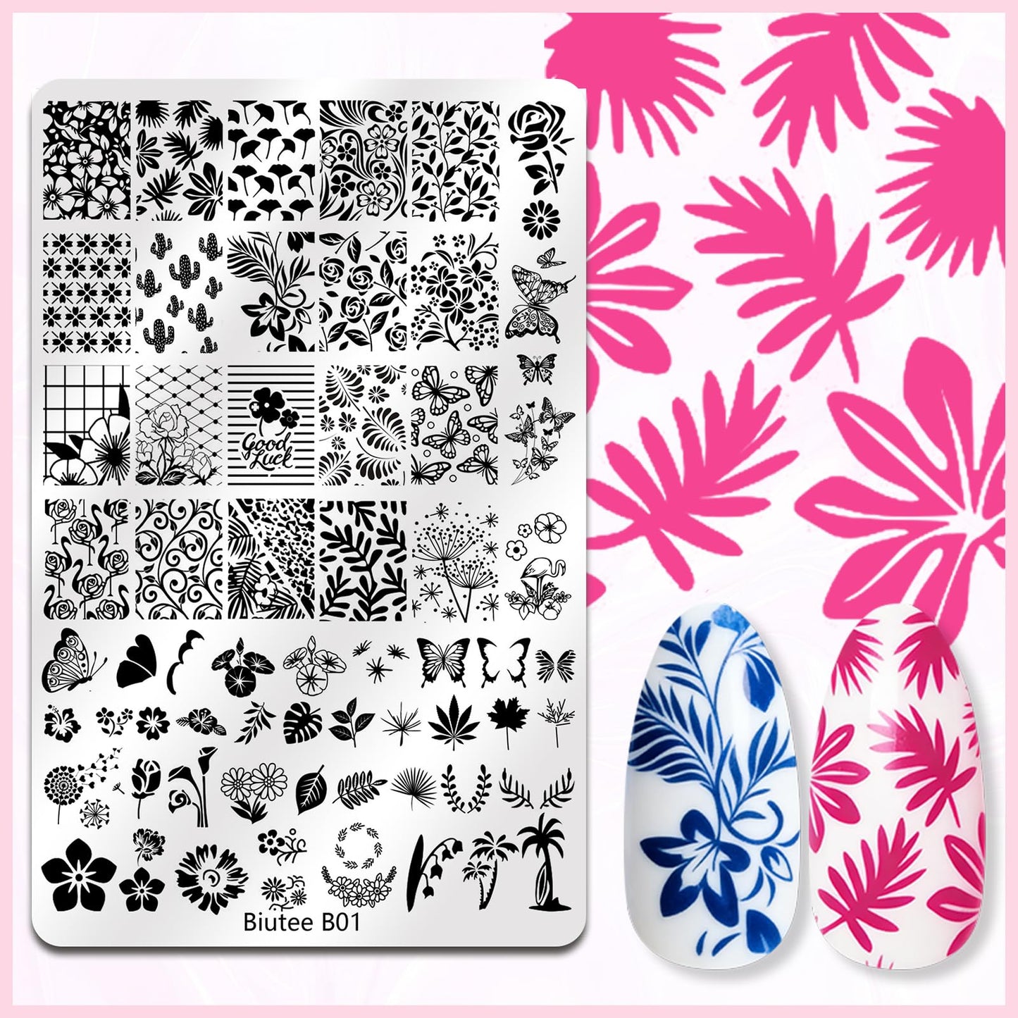 Biutee Nail Stamping Plate Nail Stamper Kit with Stamper & Scraper, Large Nail Art Stamping Plate French Line Lace Flower Leaves Animal Star Space Design DIY Nail Stamping Kit