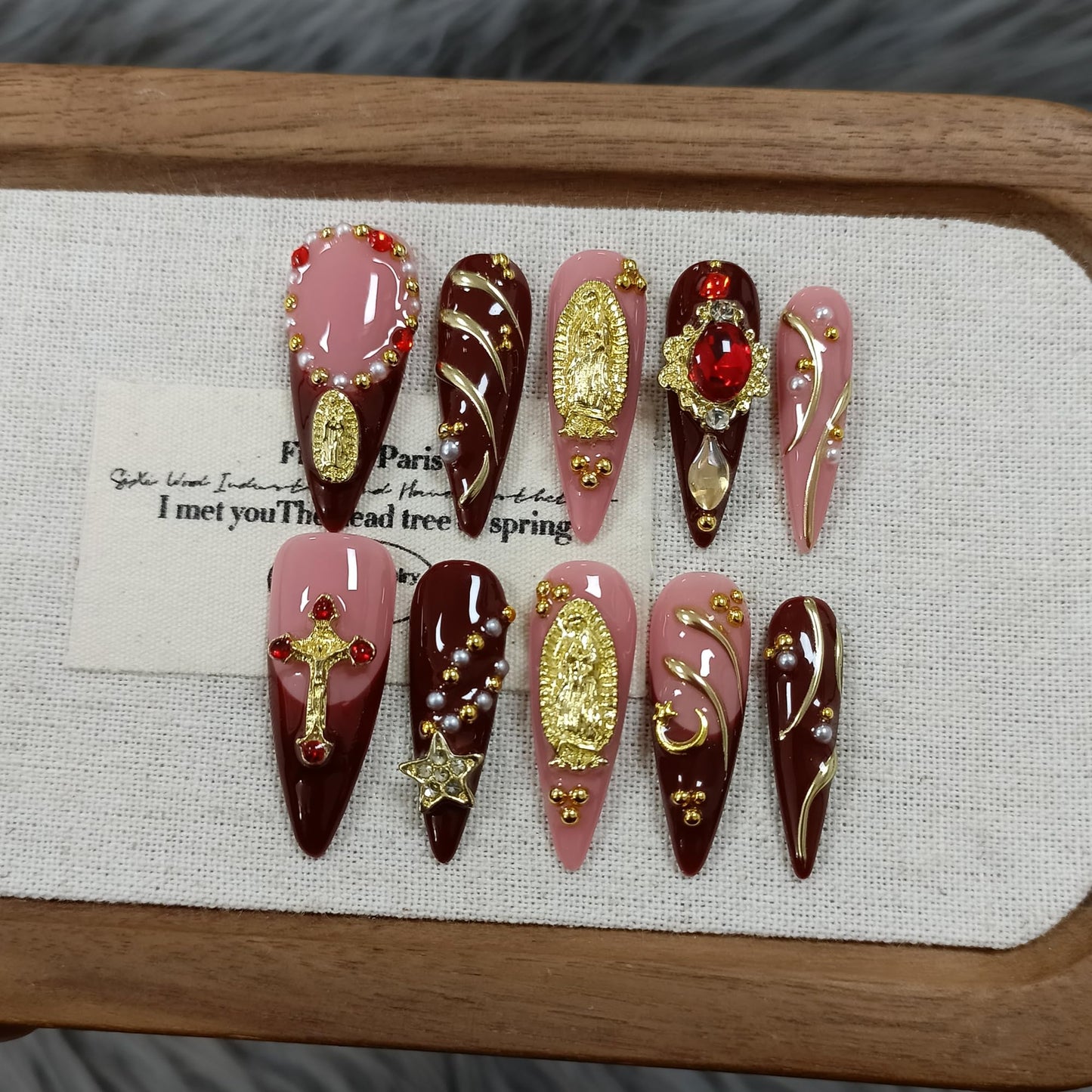 TENPAL Handmade Press on Nails Long Stiletto - Nude Pink Wine Cross Design Fake Nails with 3D Religious Charm | Acrylic Glossy Icy False Nails with Tools | Chapelcore Y2K Nails(S)