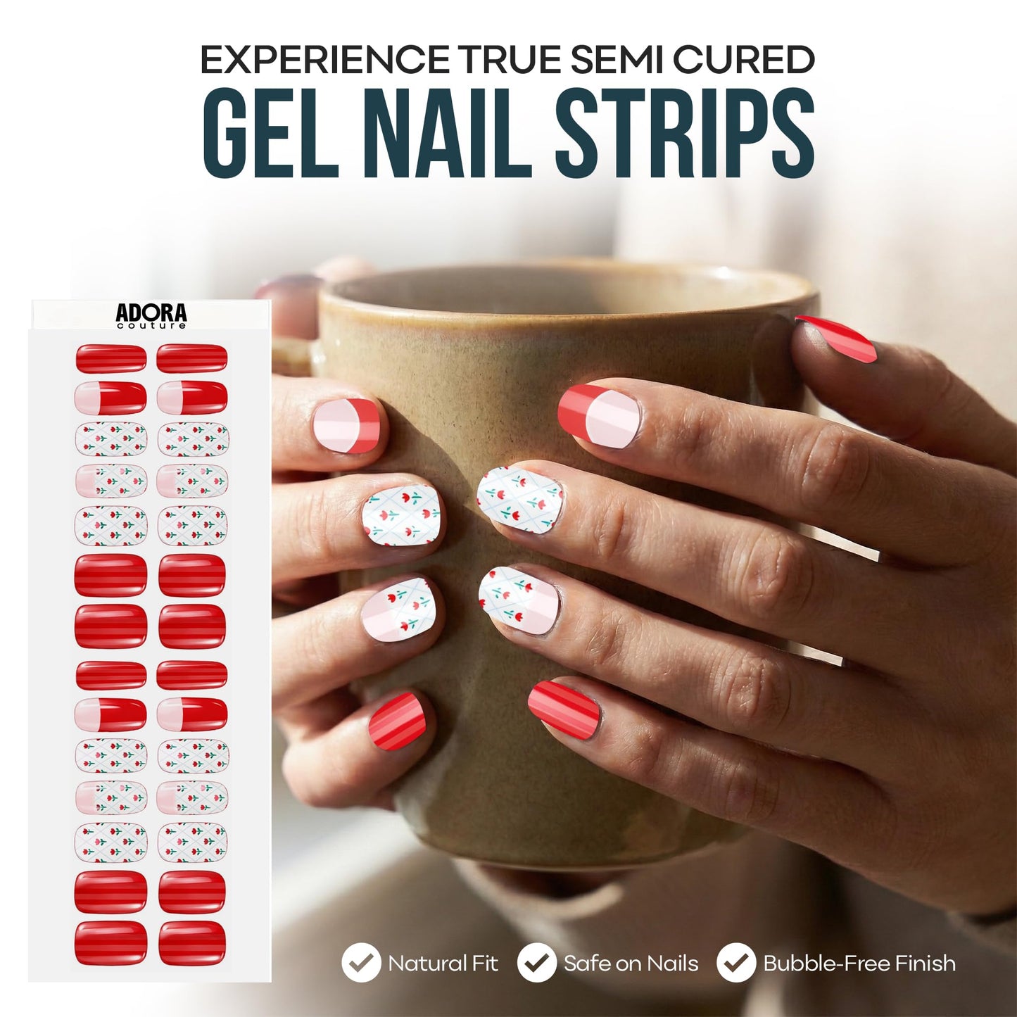Adora Couture Semi Cured Gel Nail Strips with 30 Pieces - UV Gel Stickers, Manicure Kit, Easy Application Wraps Includes Prep Pads, Nail File, Wooden Stick - UV Light Required (Red Rose Edit)
