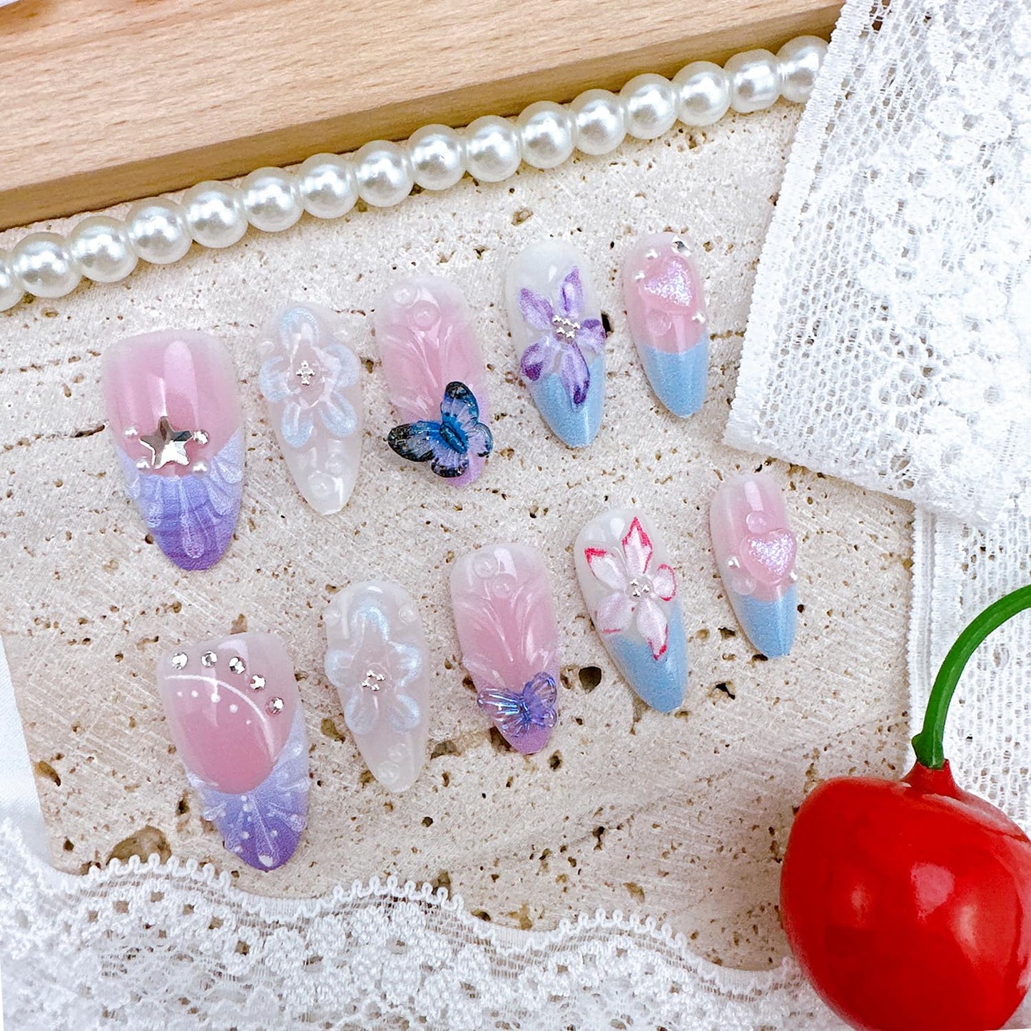 30Pcs Spring Butterfly Press on Nails Medium Almond Purple French Tip Fake Nails with Butterflies Rhinestones Cute Flower Acrylic Nails Spring False Nail Set Floral Full Cover Stick on Nails for Women